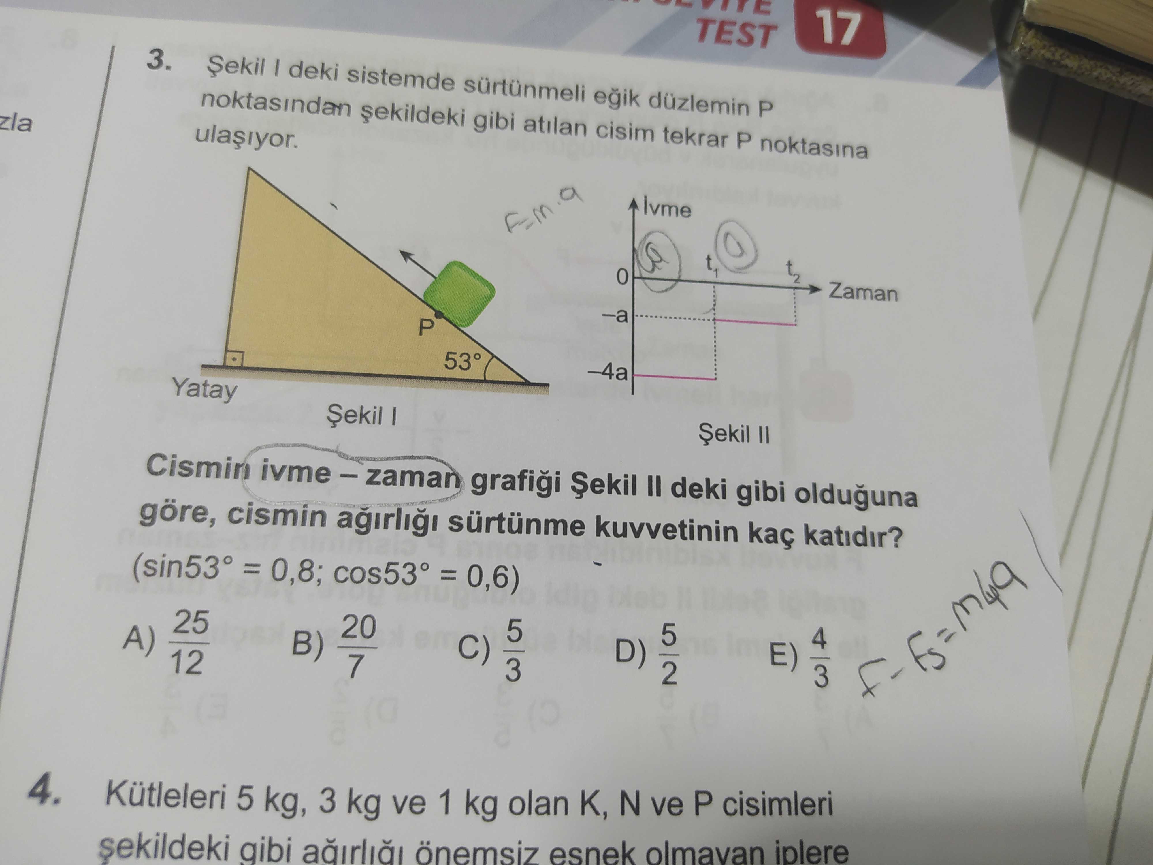 Şekil I deki sistemde sürtünmeli eğik düzlemin P noktasından şekildeki gibi atılan cisim tekrar P