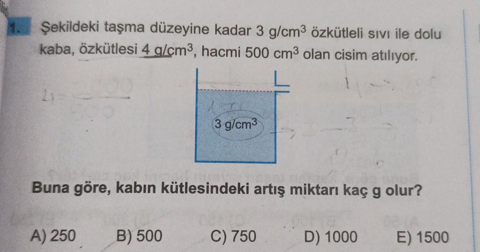 Şekildeki taşma düzeyine kadar 3 g/cm³ özkütleli sıvı ile dolu kaba, özkütlesi 4 g/cm³, hacmi 500