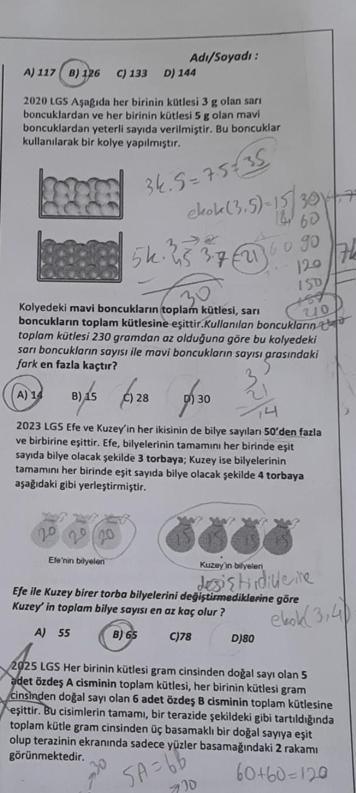 2020 LGS Aşağıda her birinin kütlesi 3 g olan sarı boncuklardan ve her birinin kütlesi 5 g olan mavi