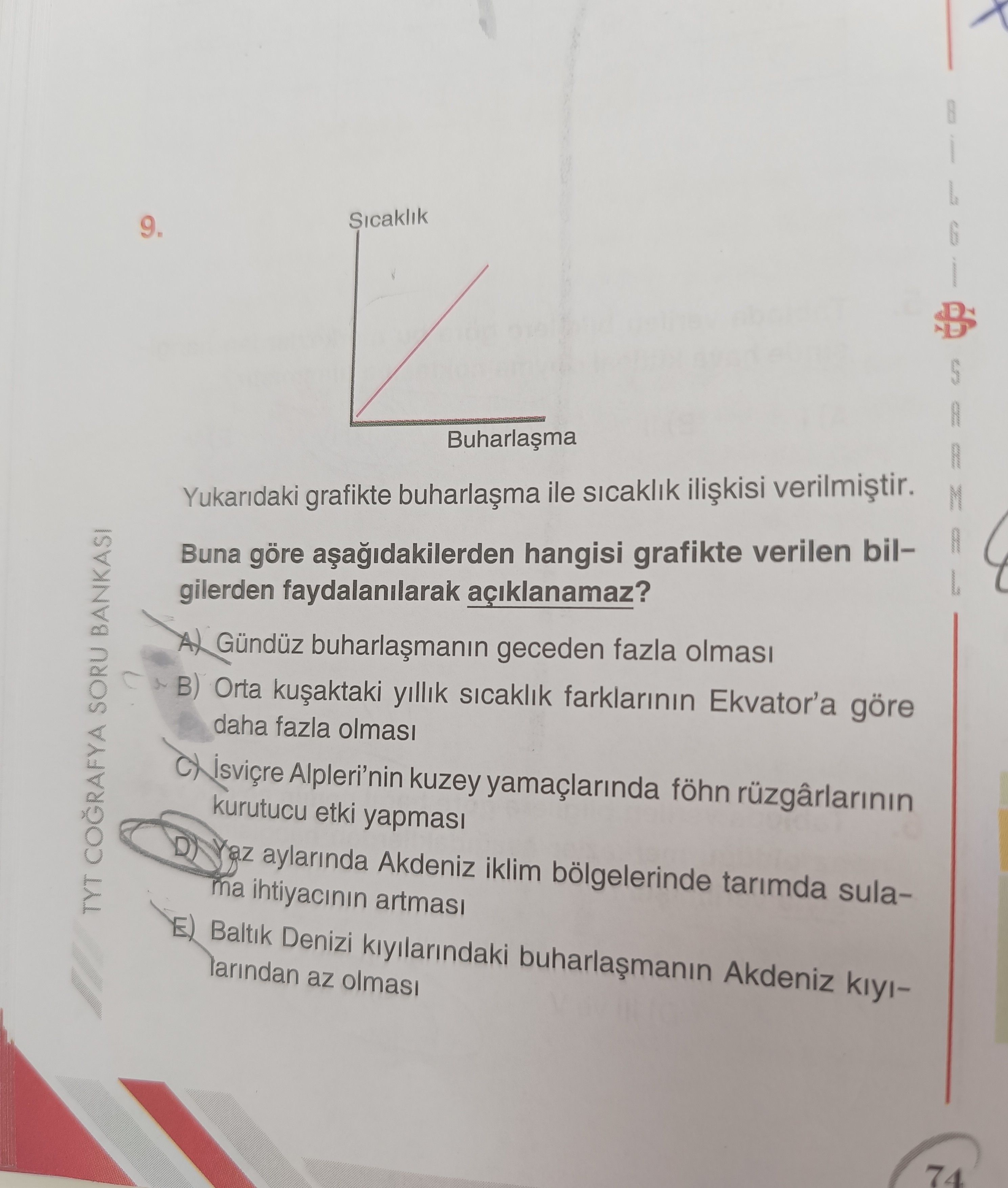 Yukarıdaki grafikte buharlaşma ile sıcaklık ilişkisi verilmiştir. Buna göre aşağıdakilerden hangisi