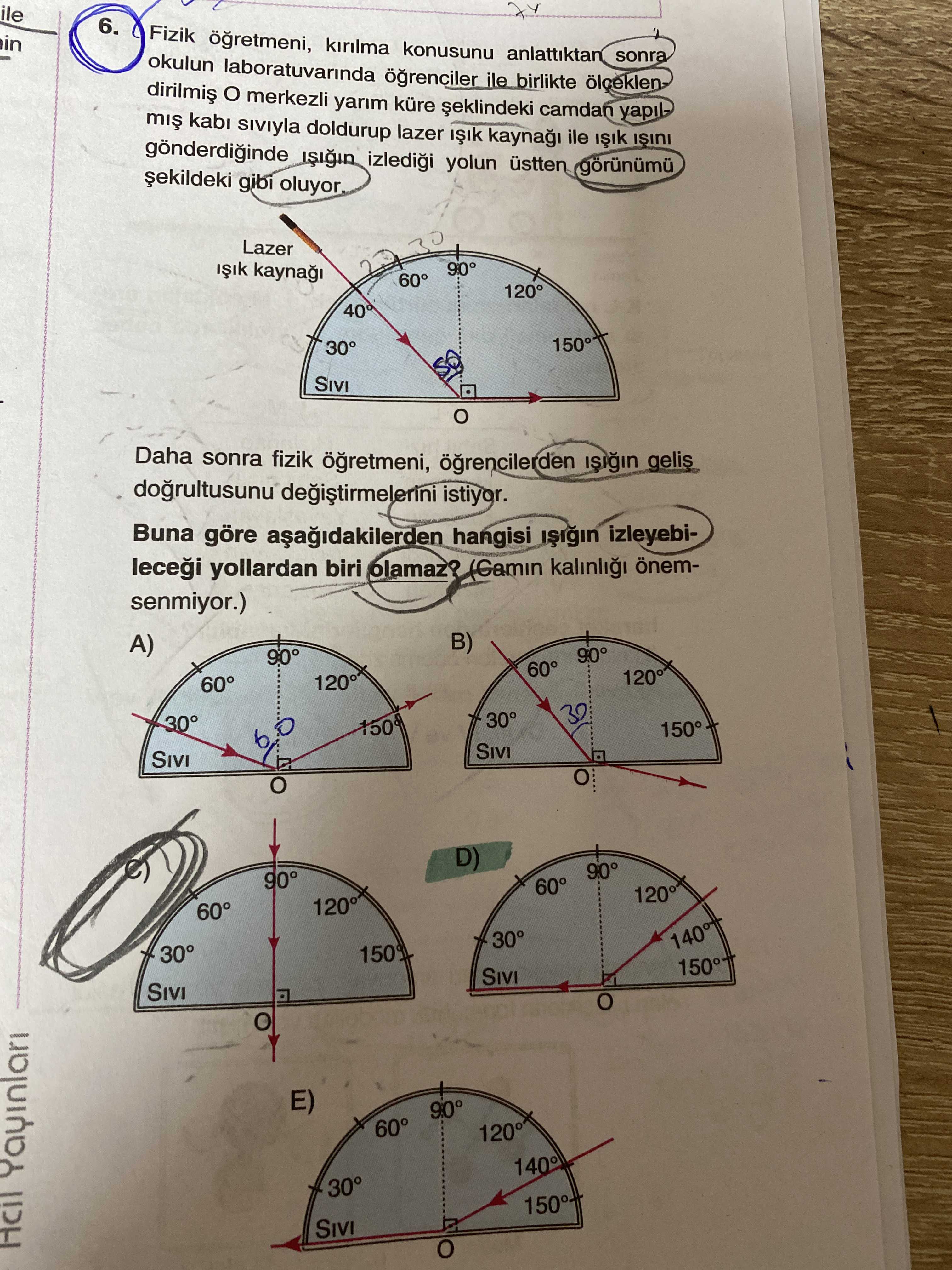 Fizik öğretmeni, kırılma konusunu anlattıktan sonra okulun laboratuvarında öğrenciler ile birlikte
