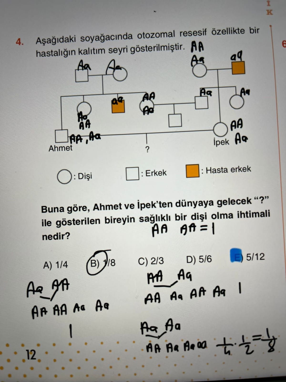 I 4. soyagacinda otozomal resesif özellikte bir hastaligin kalitim seyri AA 6 Aa Ao AA Ahmet. ipek Aa : Erkek Hasta erkek Buna