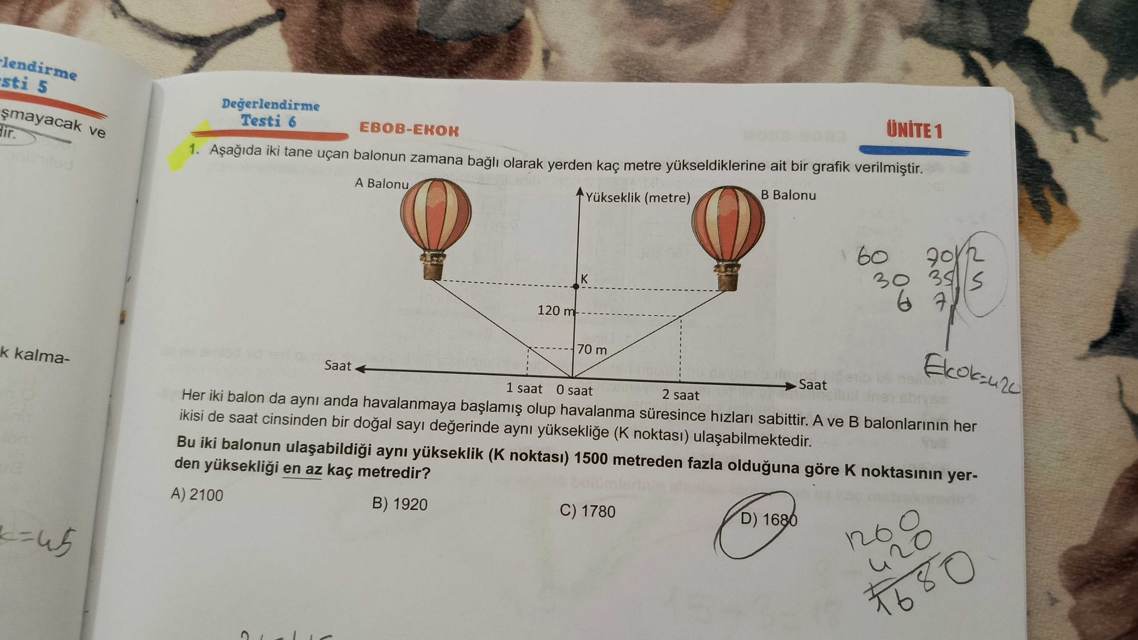 Aşağıda iki tane uçan balonun zamana bağlı olarak yerden kaç metre yükseldiklerine ait bir grafik