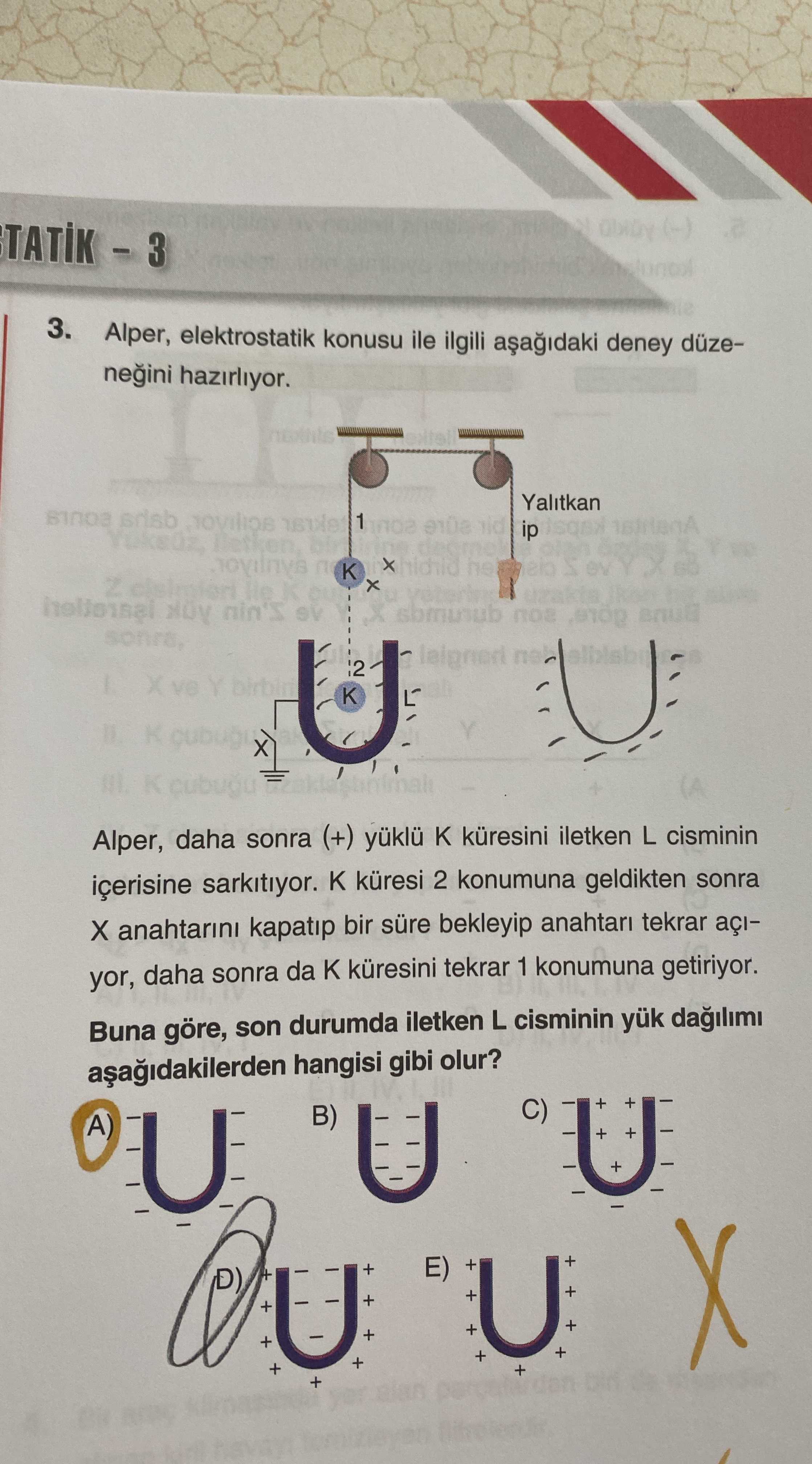 Alper, elektrostatik konusu ile ilgili aşağıdaki deney düzeneğini hazırlıyor. Alper, daha sonra (+)