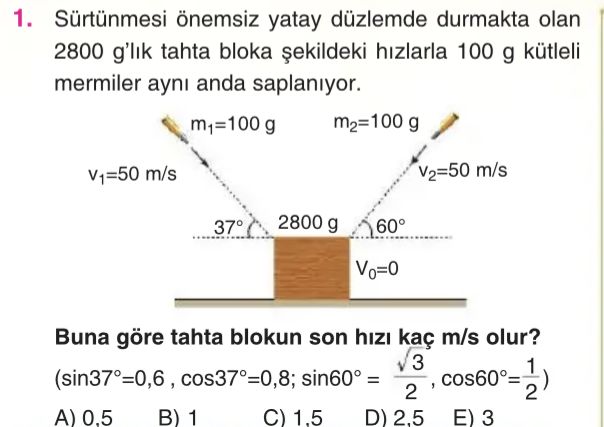 Sürtünmesi önemsiz yatay düzlemde durmakta olan 2800 g'lık tahta bloka şekildeki hızlarla 100 g