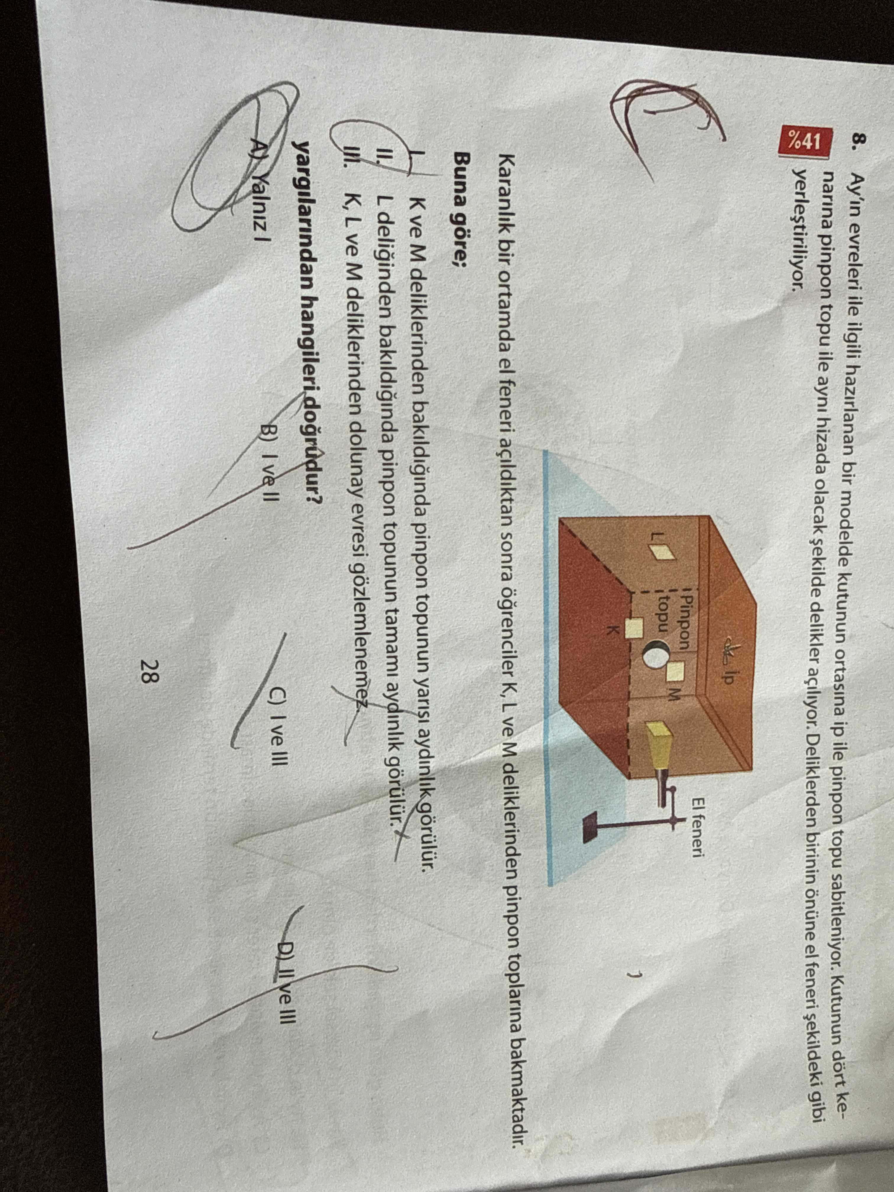 Ayın evreleri ile ilgili hazırlanan bir modelde kutunun ortasına ip ile pinpon topu sabitleniyor