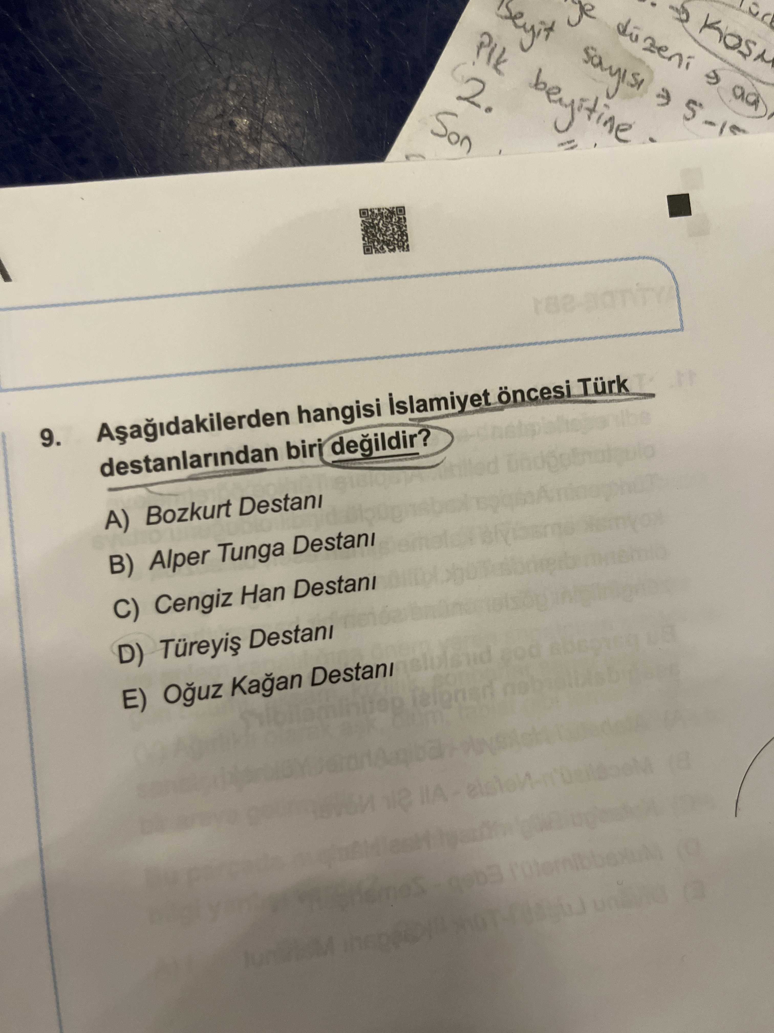 Aşağıdakilerden hangisi İslamiyet öncesi Türk destanlarından biri değildir?