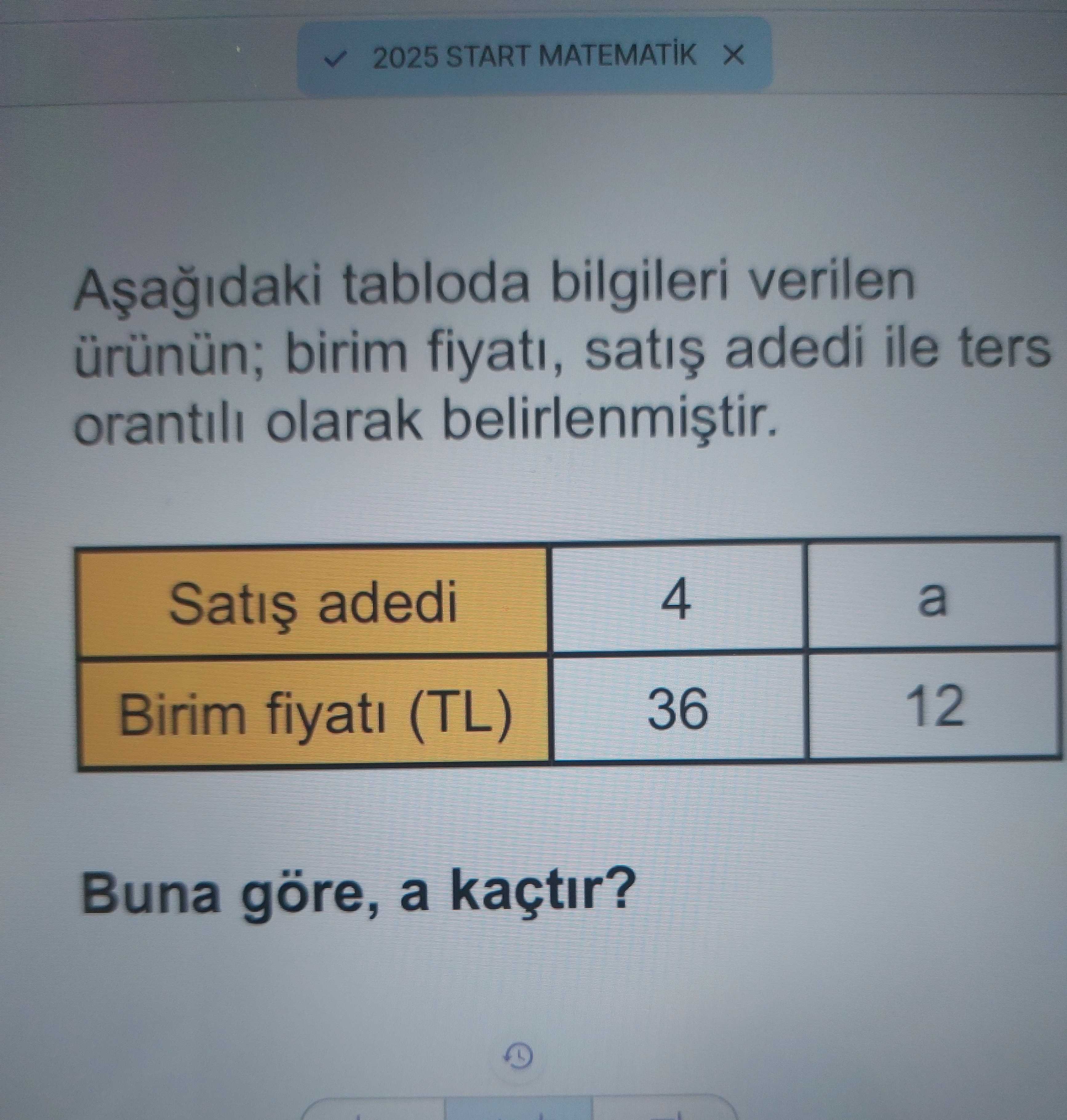 Aşağıdaki tabloda bilgileri verilen ürünün; birim fiyatı, satış adedi ile ters orantılı olarak