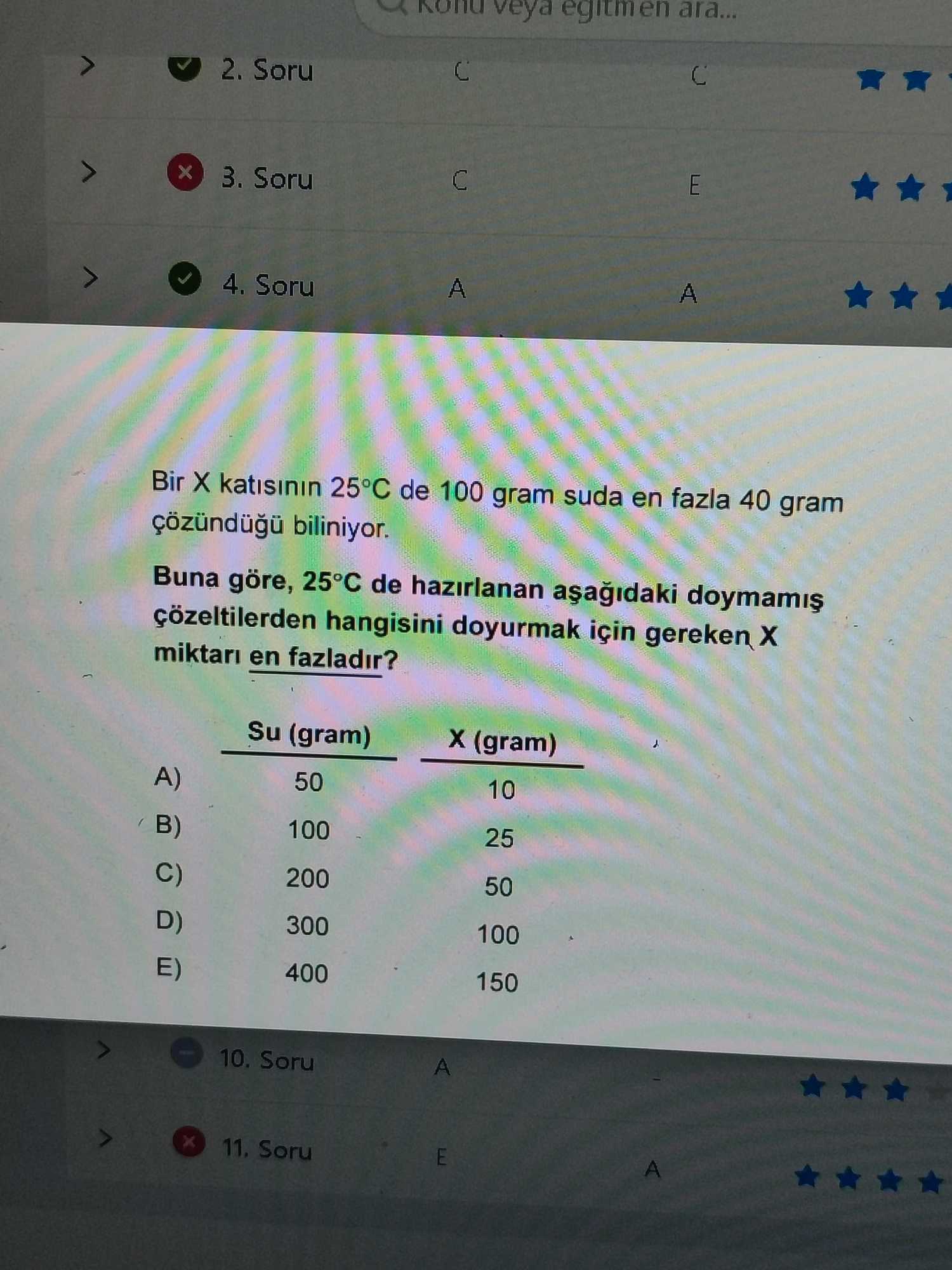 Bir X katısının 25°C de 100 gram suda en fazla 40 gram çözündüğü biliniyor. Buna göre, 25°C de