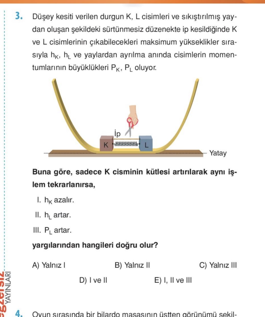 Düşey kesiti verilen durgun K, L cisimleri ve sıkıştırılmış yaydan oluşan şekildeki sürtünmesiz