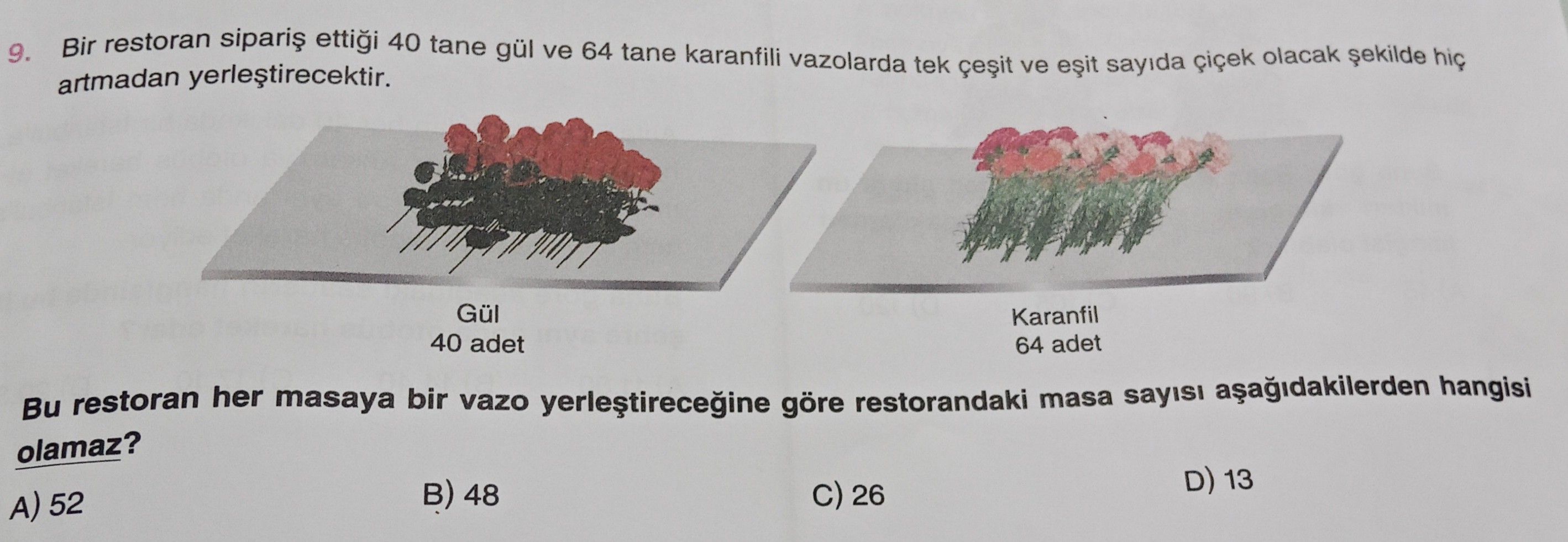 Bir restoran sipariş ettiği 40 tane gül ve 64 tane karanfili vazolarda tek çeşit ve eşit sayıda