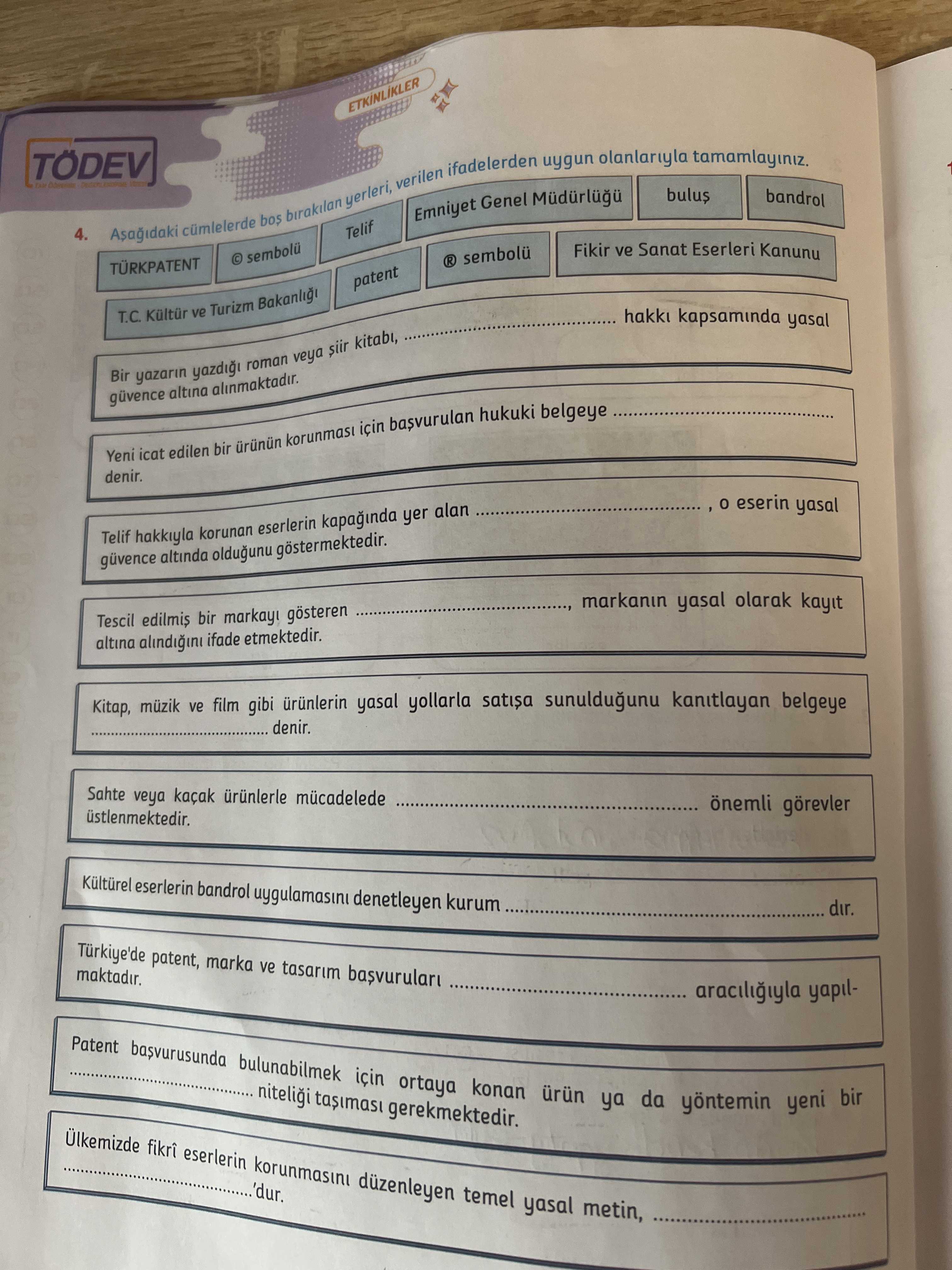 Aşağıdaki cümlelerde boş bırakılan yerleri, verilen ifadelerden uygun olanlarıyla tamamlayınız