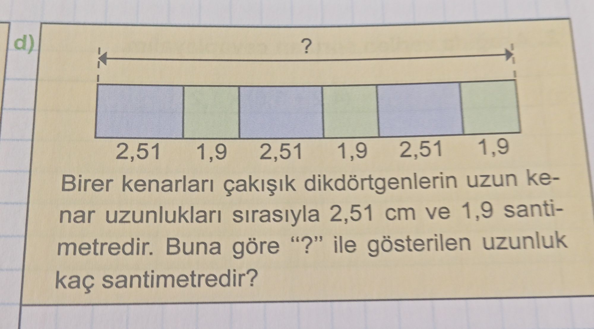d) Birer kenarları çakışık dikdörtgenlerin uzun kenar uzunlukları sırasıyla 2,51 cm ve 1,9