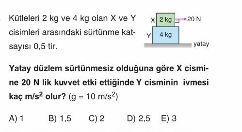 Kütleleri 2 kg ve 4 kg olan X ve Y cisimleri arasındaki sürtünme katsayısı 0,5 tir. Yatay düzlem