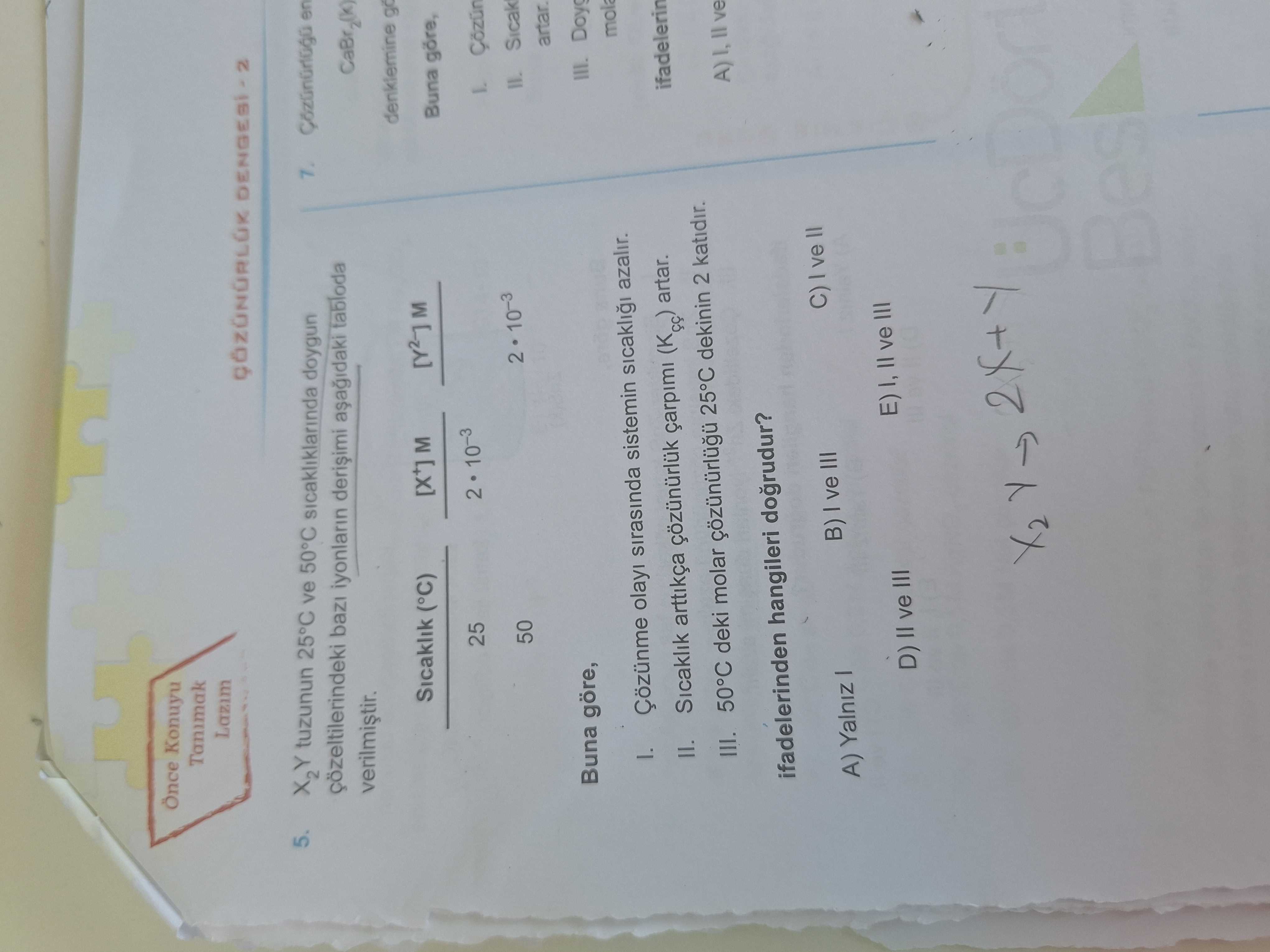 M ve [Y²⁻] M sütunlarından oluşan iki satırlı veri tablosu] 5. X₂Y tuzunun 25°C ve 50°C