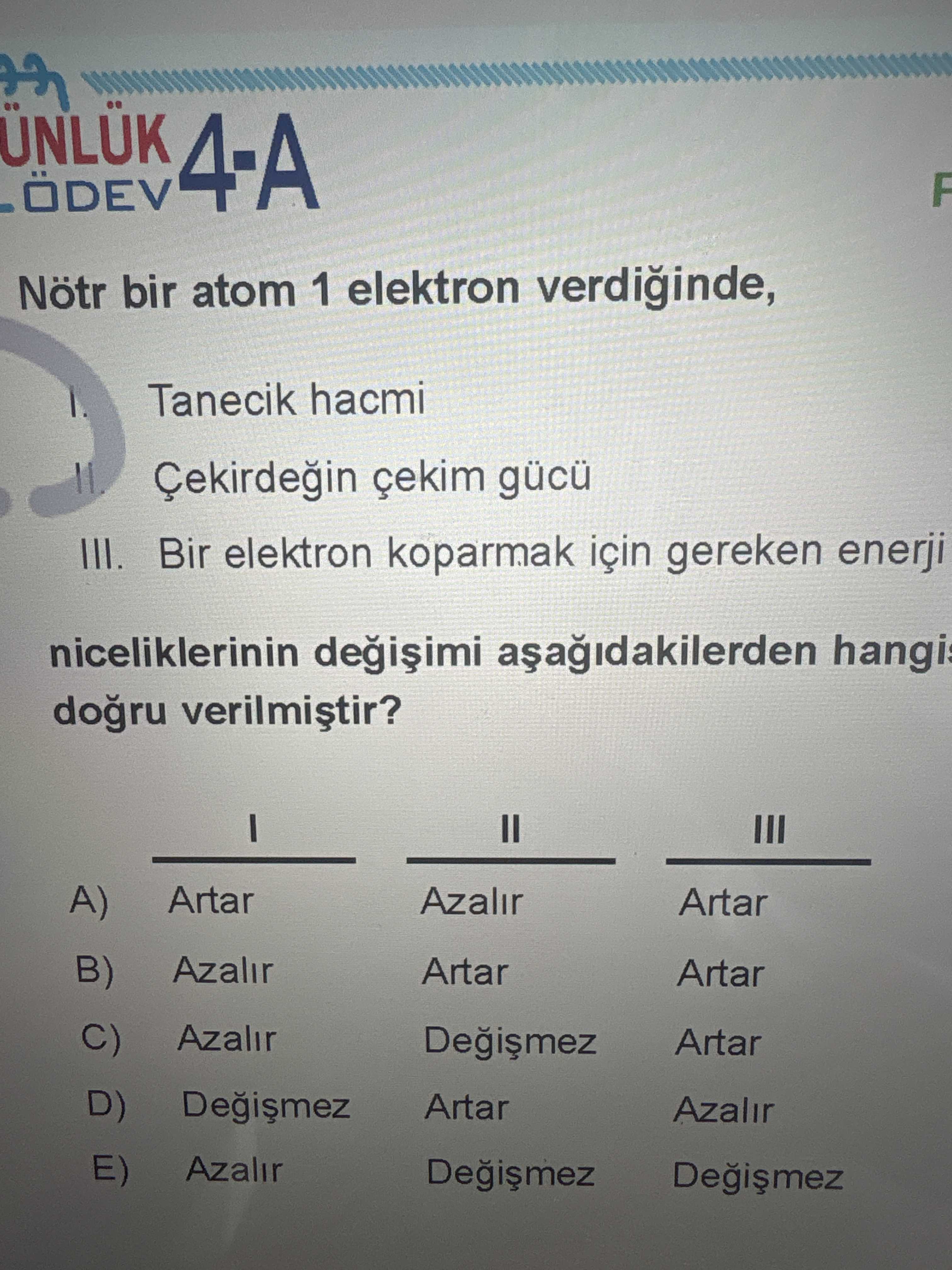Nötr bir atom 1 elektron verdiğinde, I. Tanecik hacmi II. Çekirdeğin çekim gücü III. Bir elektron