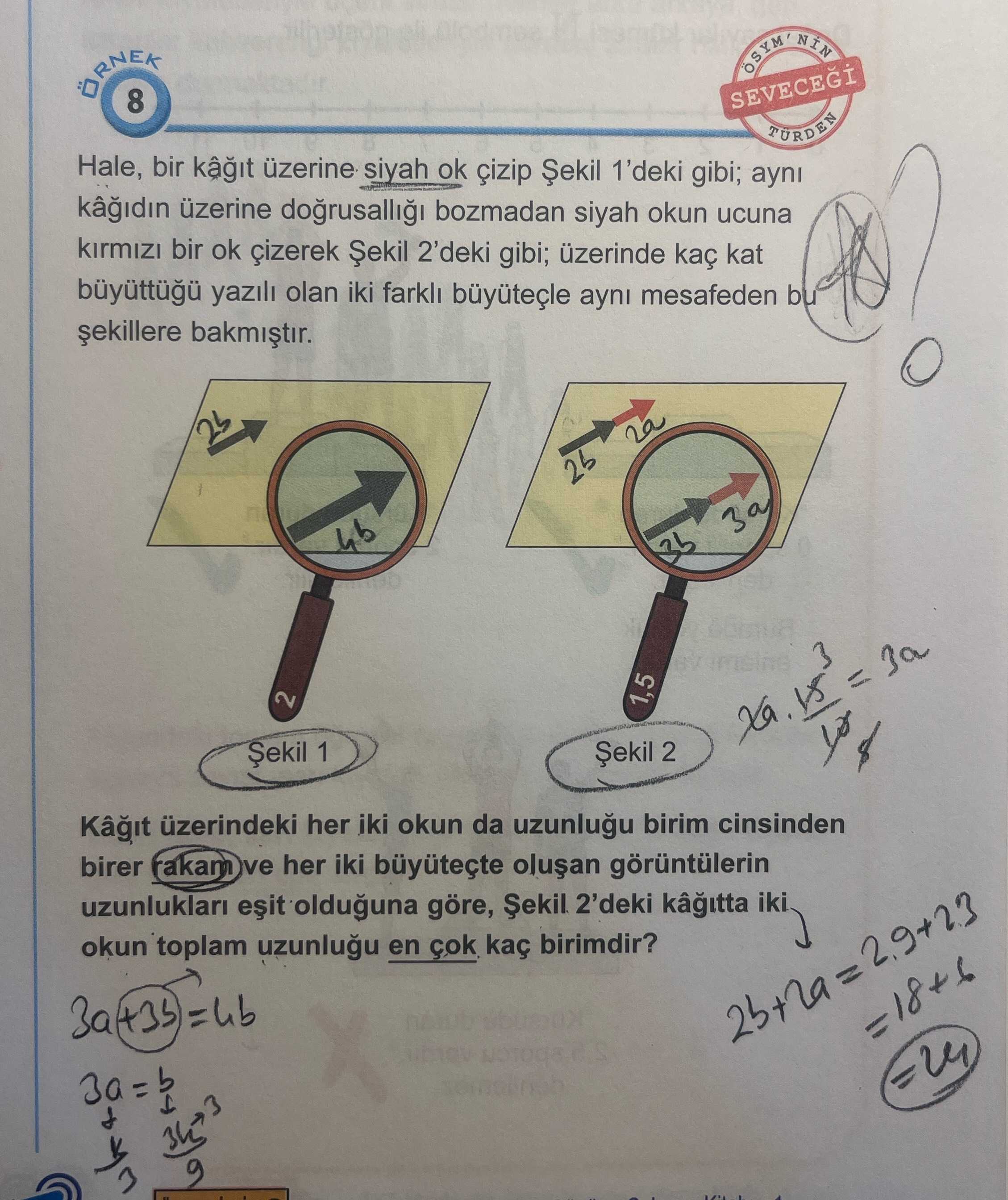 Hale, bir kâğıt üzerine siyah ok çizip Şekil 1'deki gibi; aynı kâğıdın üzerine doğrusallığı bozmadan