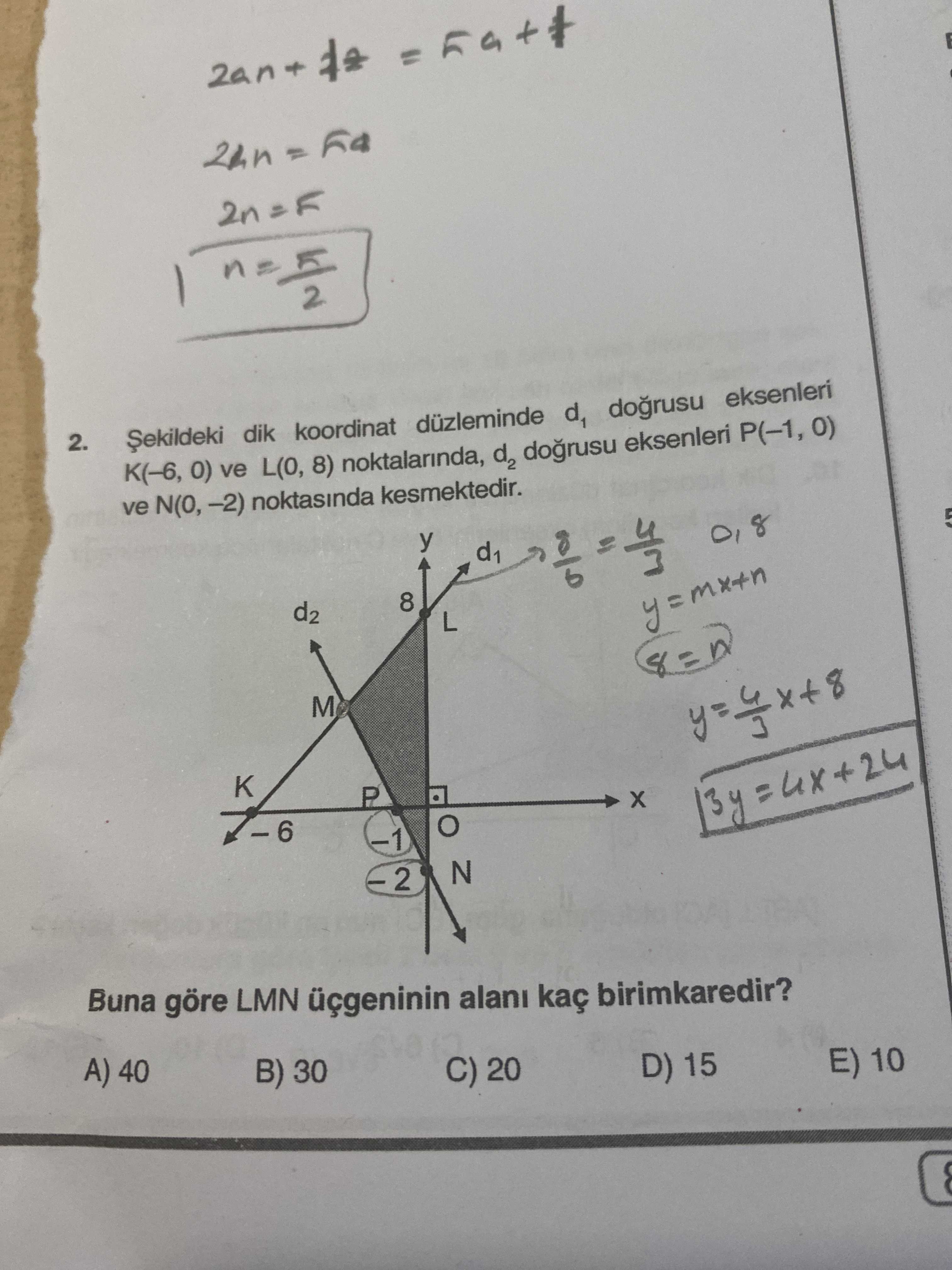 Şekildeki dik koordinat düzleminde d₁ doğrusu eksenleri K(–6, 0) ve L(0, 8) noktalarında, d₂ doğrusu