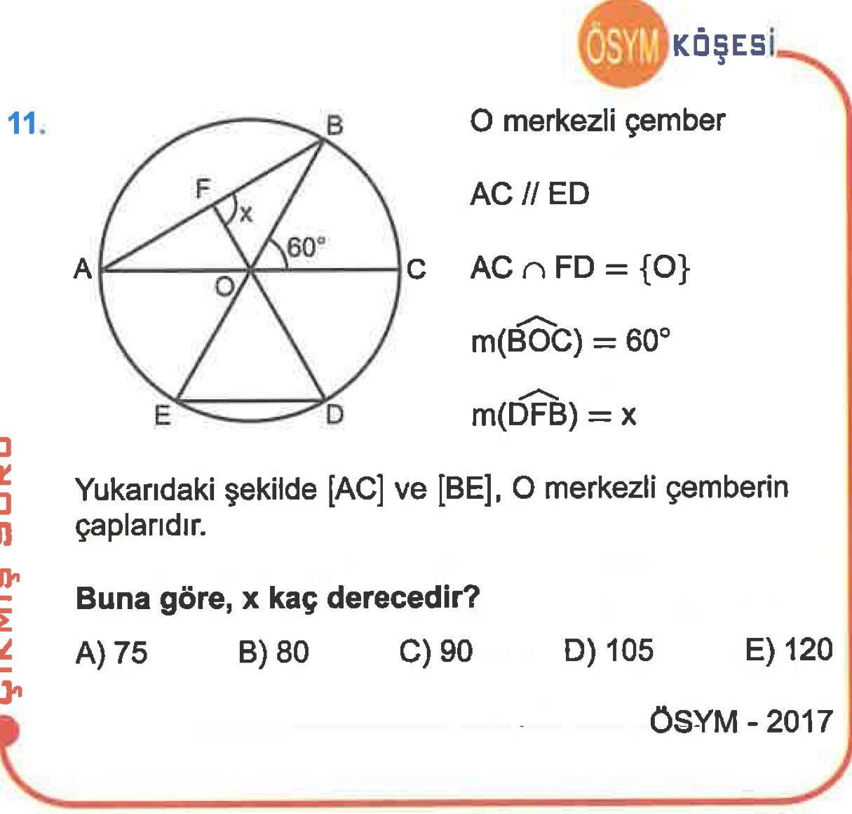 O merkezli çember AC // ED AC ∩ FD = {O} m(BOC) = 60° m(DFB) = x Yukarıdaki şekilde [AC] ve [BE], O
