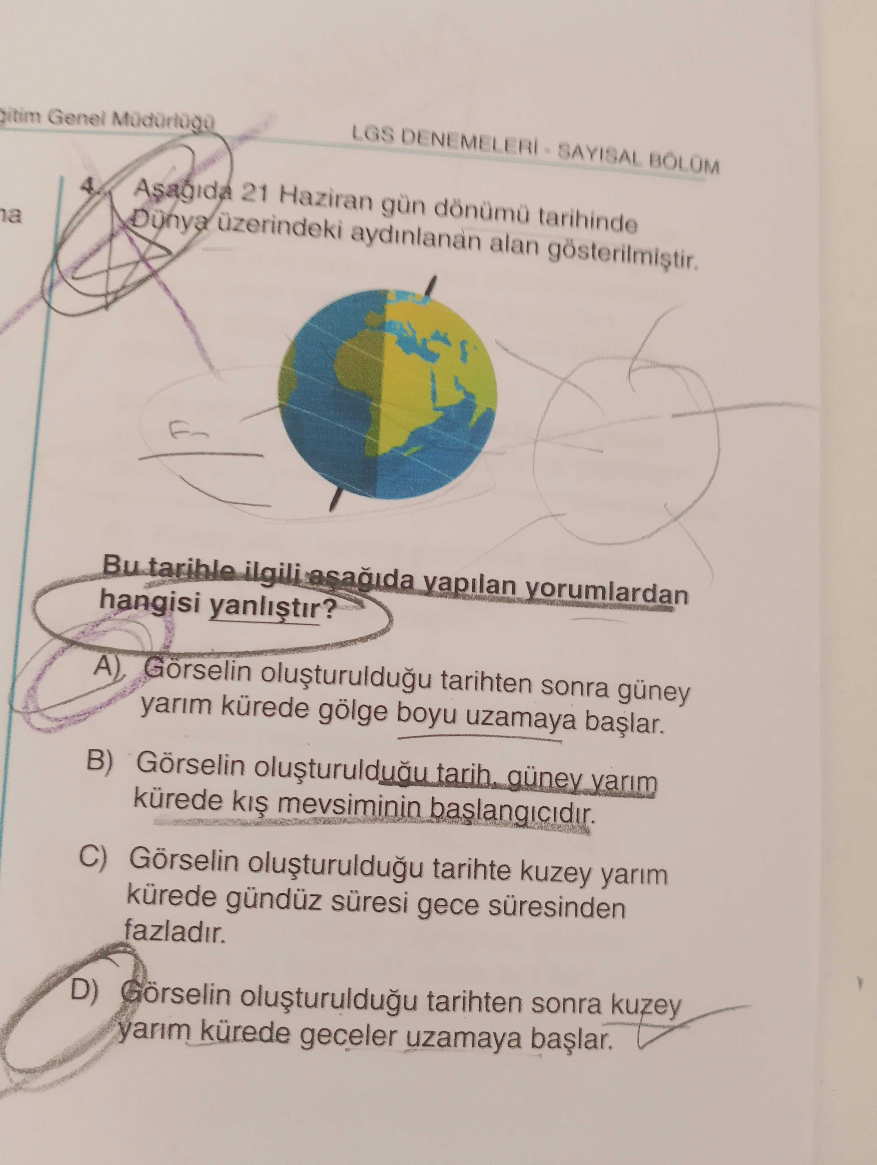 Aşağıda 21 Haziran gün dönümü tarihinde Dünya üzerindeki aydınlanan alan gösterilmiştir. Bu tarihle