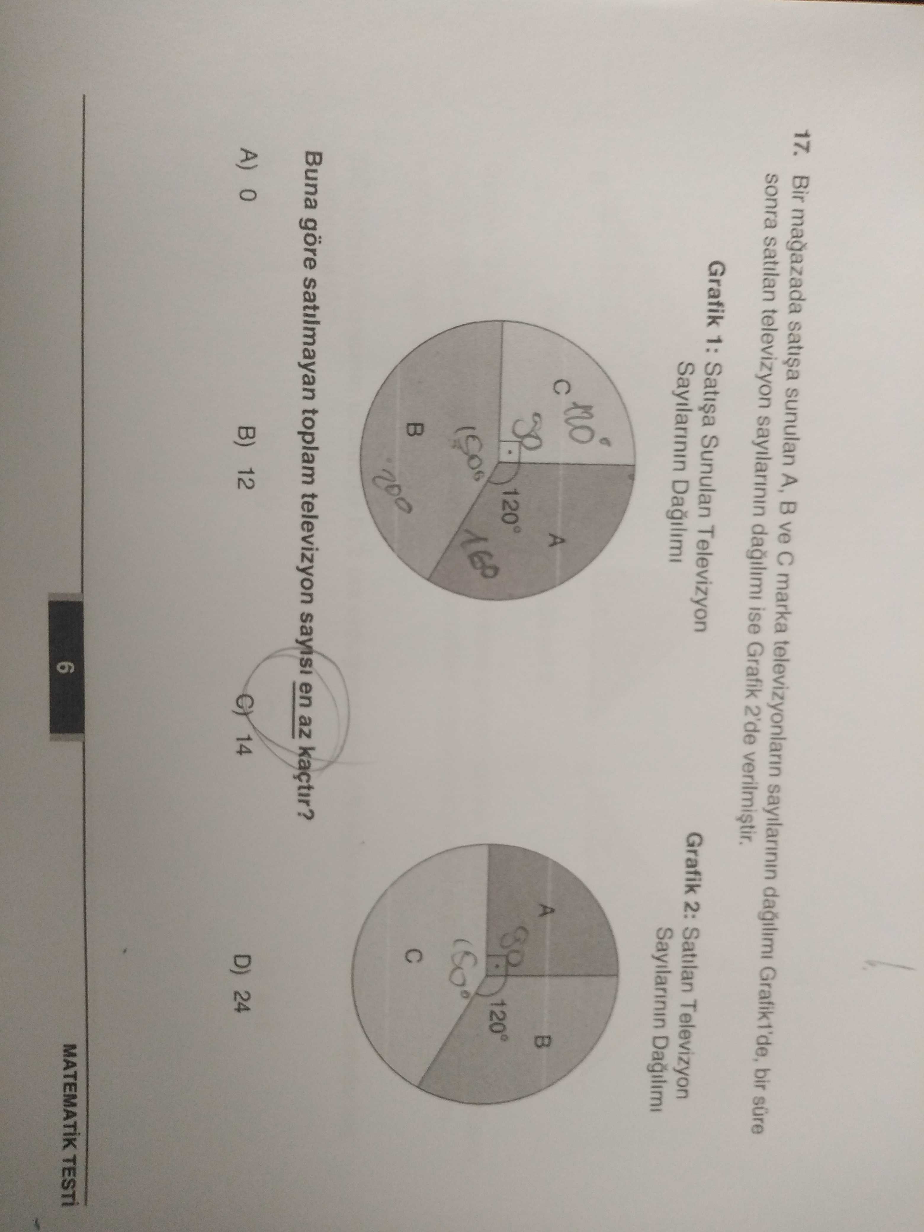 Bir mağazada satışa sunulan A, B ve C marka televizyonların sayılarının dağılımı Grafik 1'de, bir