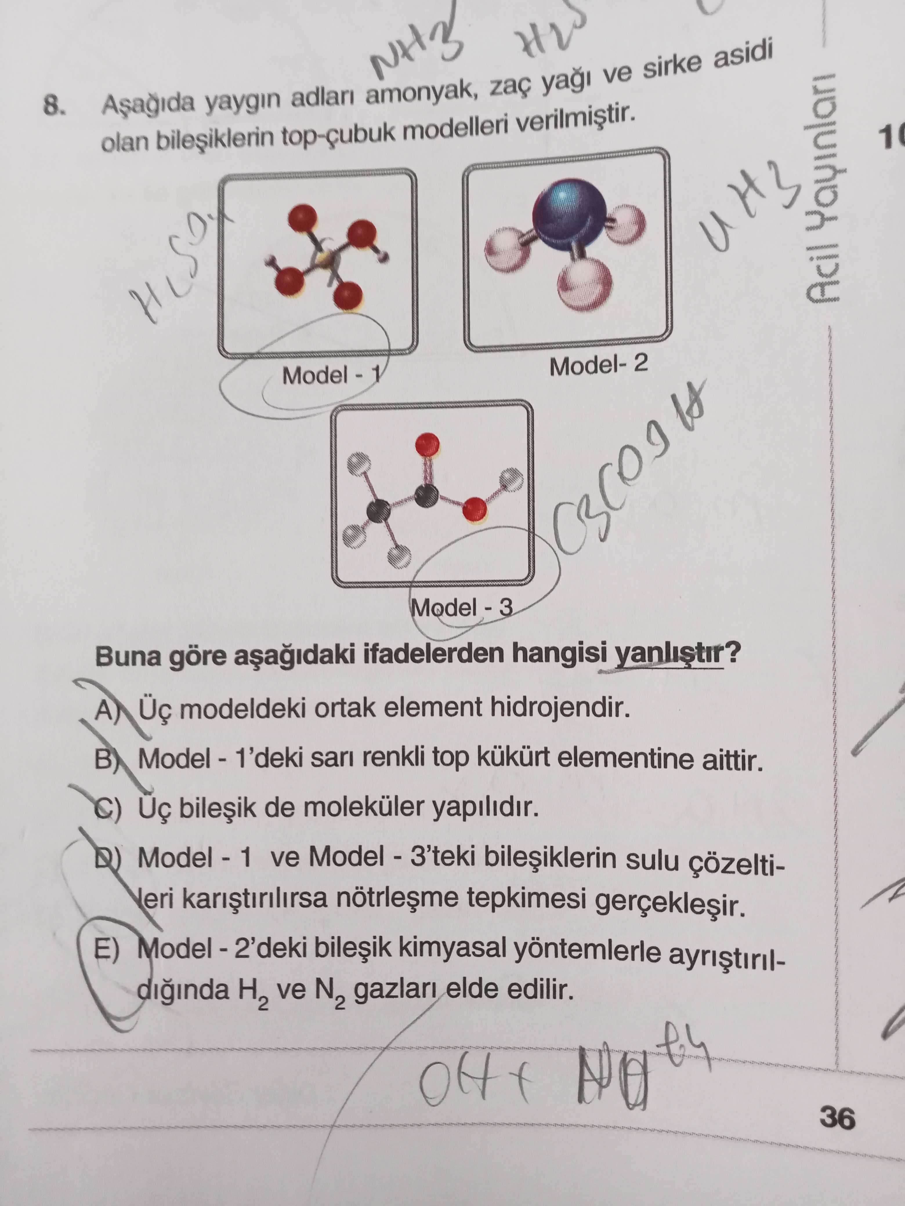 Aşağıda yaygın adları amonyak, zaç yağı ve sirke asidi olan bileşiklerin top-çubuk modelleri
