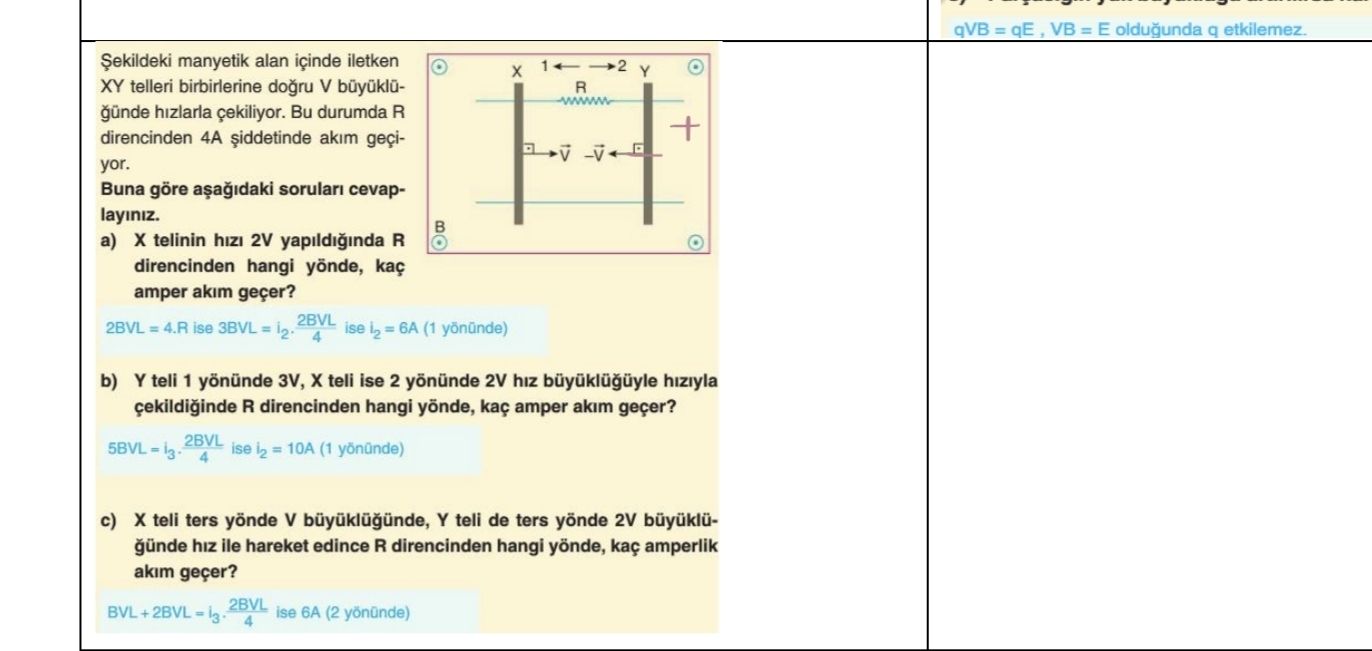 Şekildeki manyetik alan içinde iletken XY telleri birbirlerine doğru V büyüklüğünde hızlarla