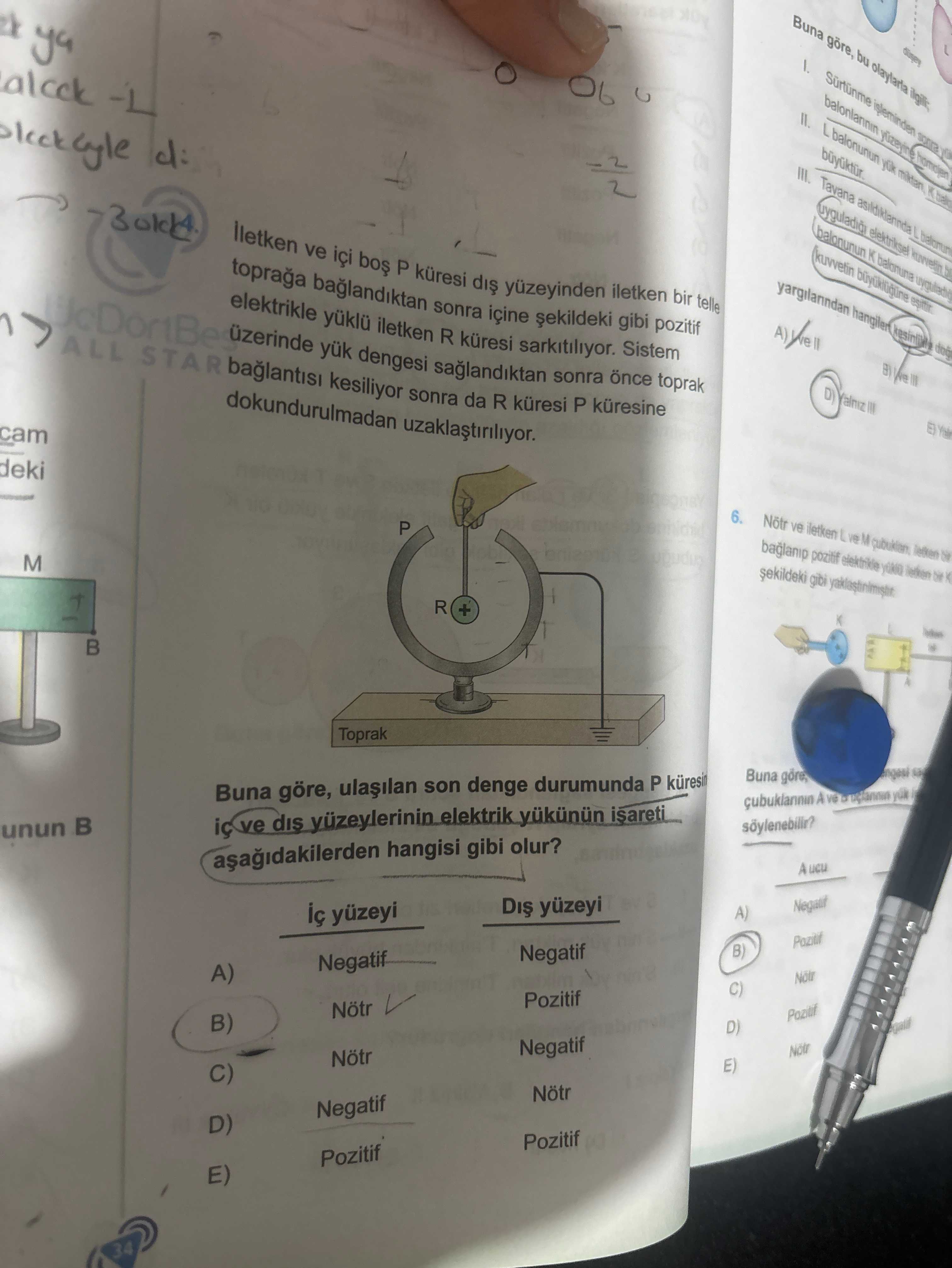 İletken ve içi boş P küresi dış yüzeyinden iletken bir telle toprağa bağlandıktan sonra içine