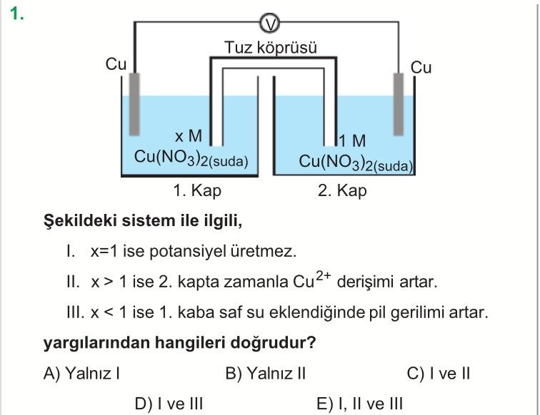 Şekildeki sistem ile ilgili, I. x=1 ise potansiyel üretmez. II. x > 1 ise 2. kapta zamanla Cu²⁺