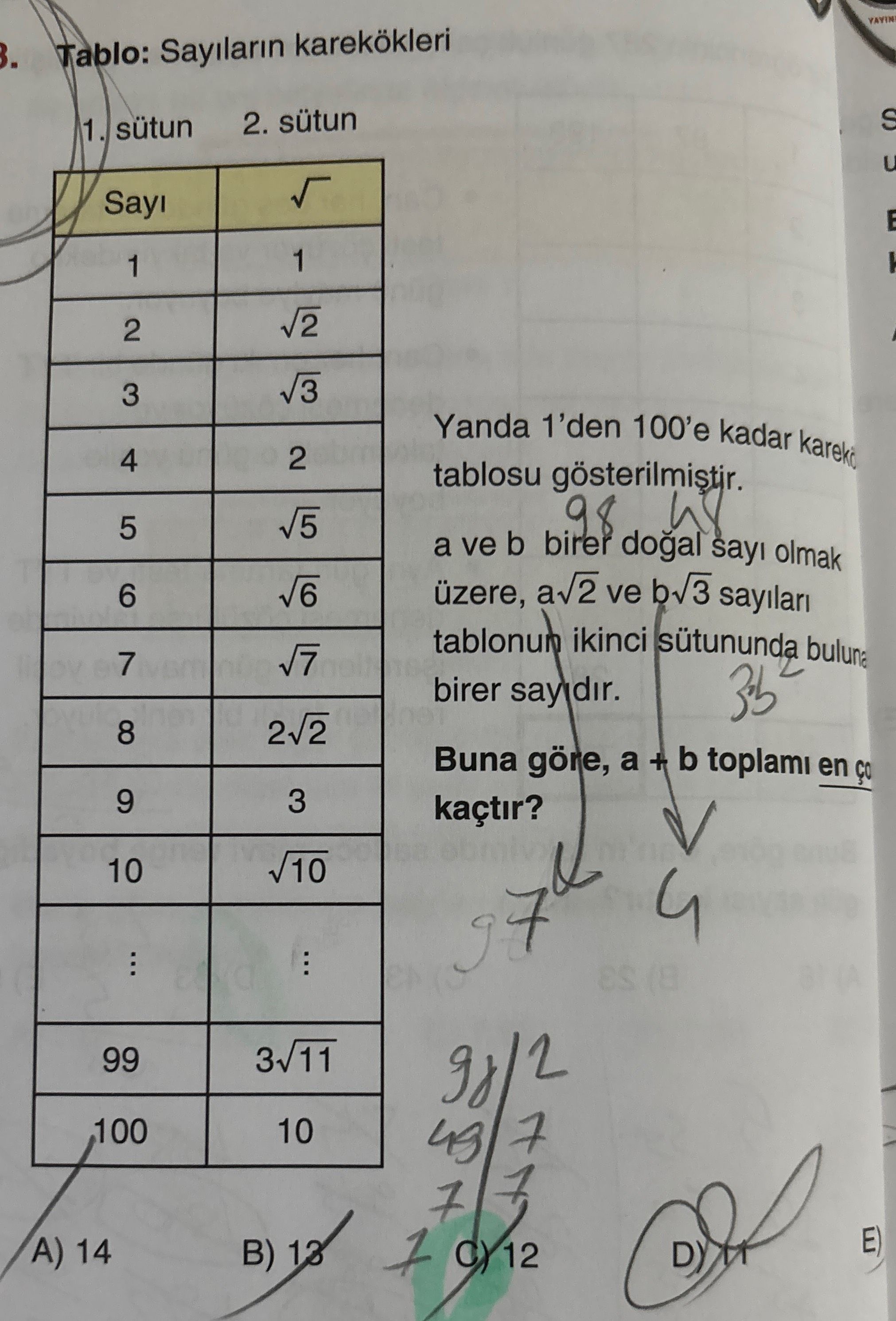 Tablo: Sayıların karekökleri 1. sütun 2. sütun Sayı | √ 1 | 1 2 | √2 3 | √3 4 | 2 5 | √5 6 | √6 7 |