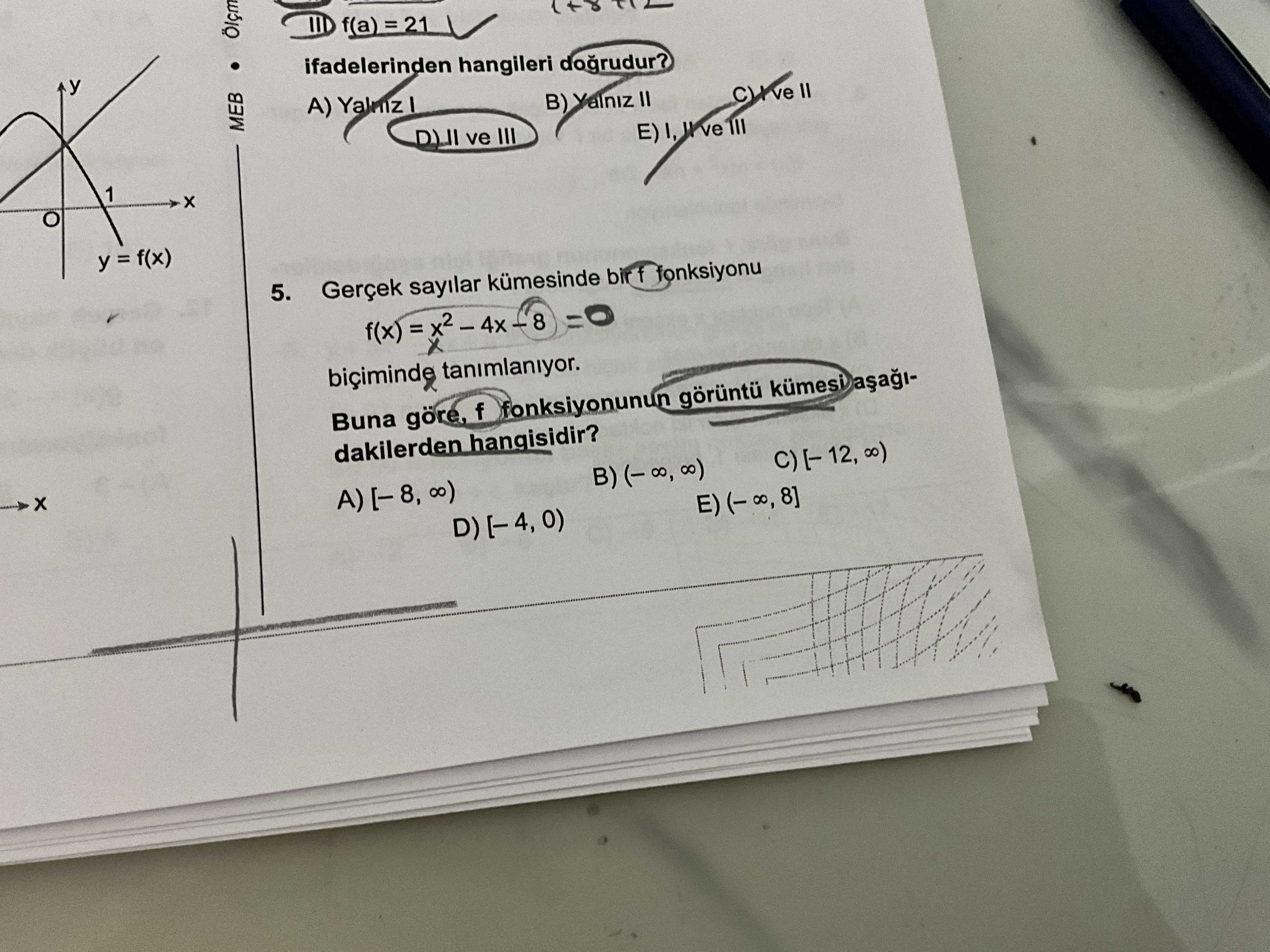 Gerçek sayılar kümesinde bir f fonksiyonu f(x) = x² – 4x – 8 biçiminde tanımlanıyor. **Buna göre, f