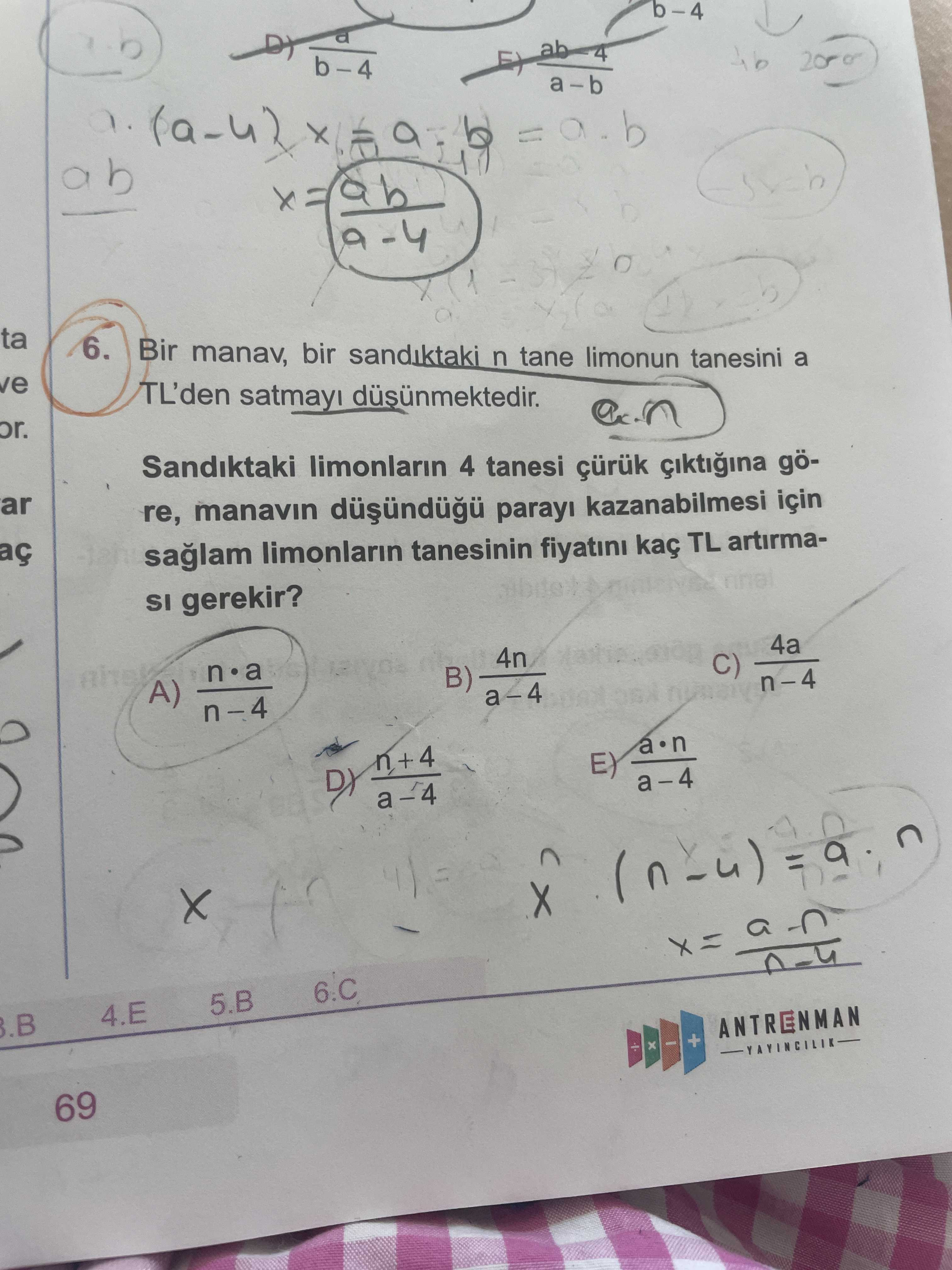 Bir manav, bir sandıktaki n tane limonun tanesini a TL'den satmayı düşünmektedir. Sandıktaki