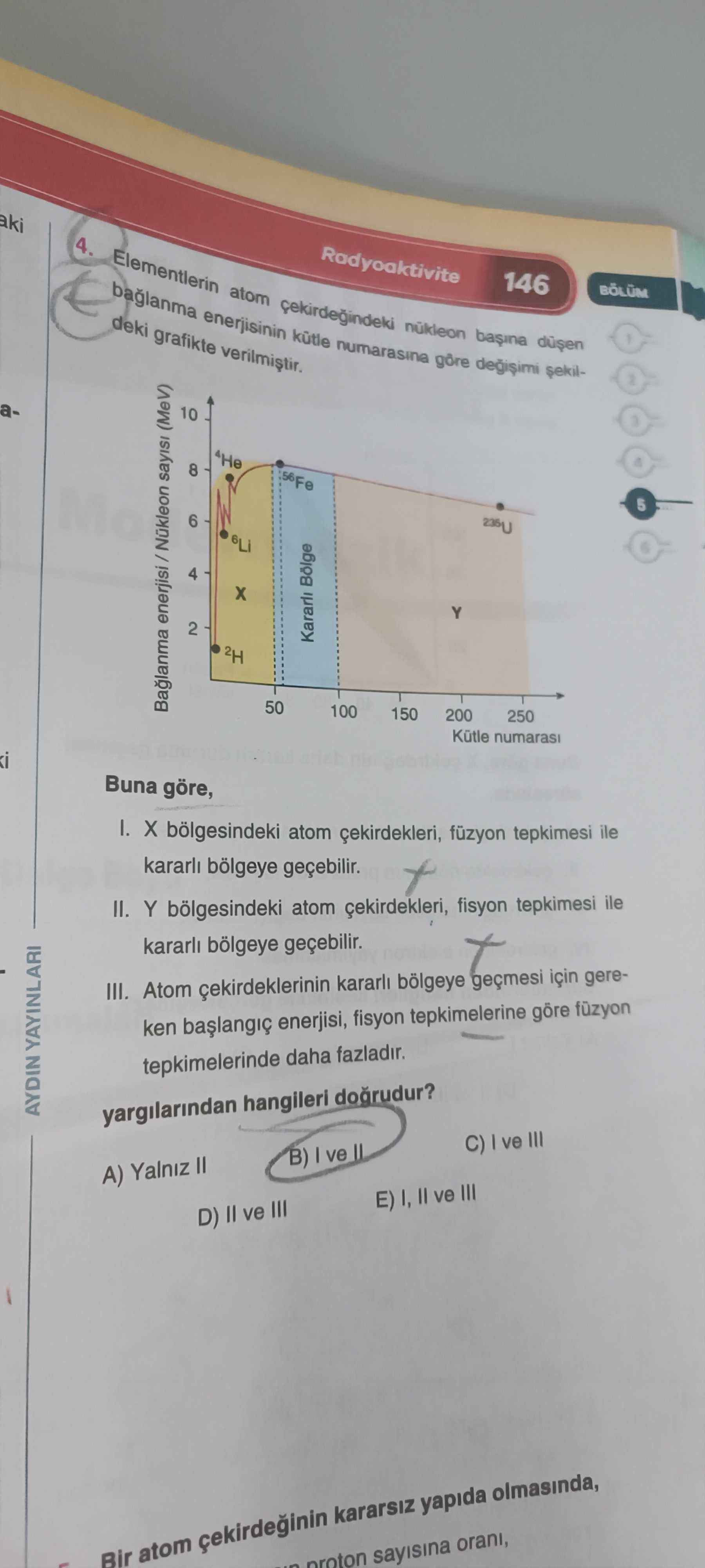 Elementlerin atom çekirdeğindeki nükleon başına düşen bağlanma enerjisinin kütle numarasına göre