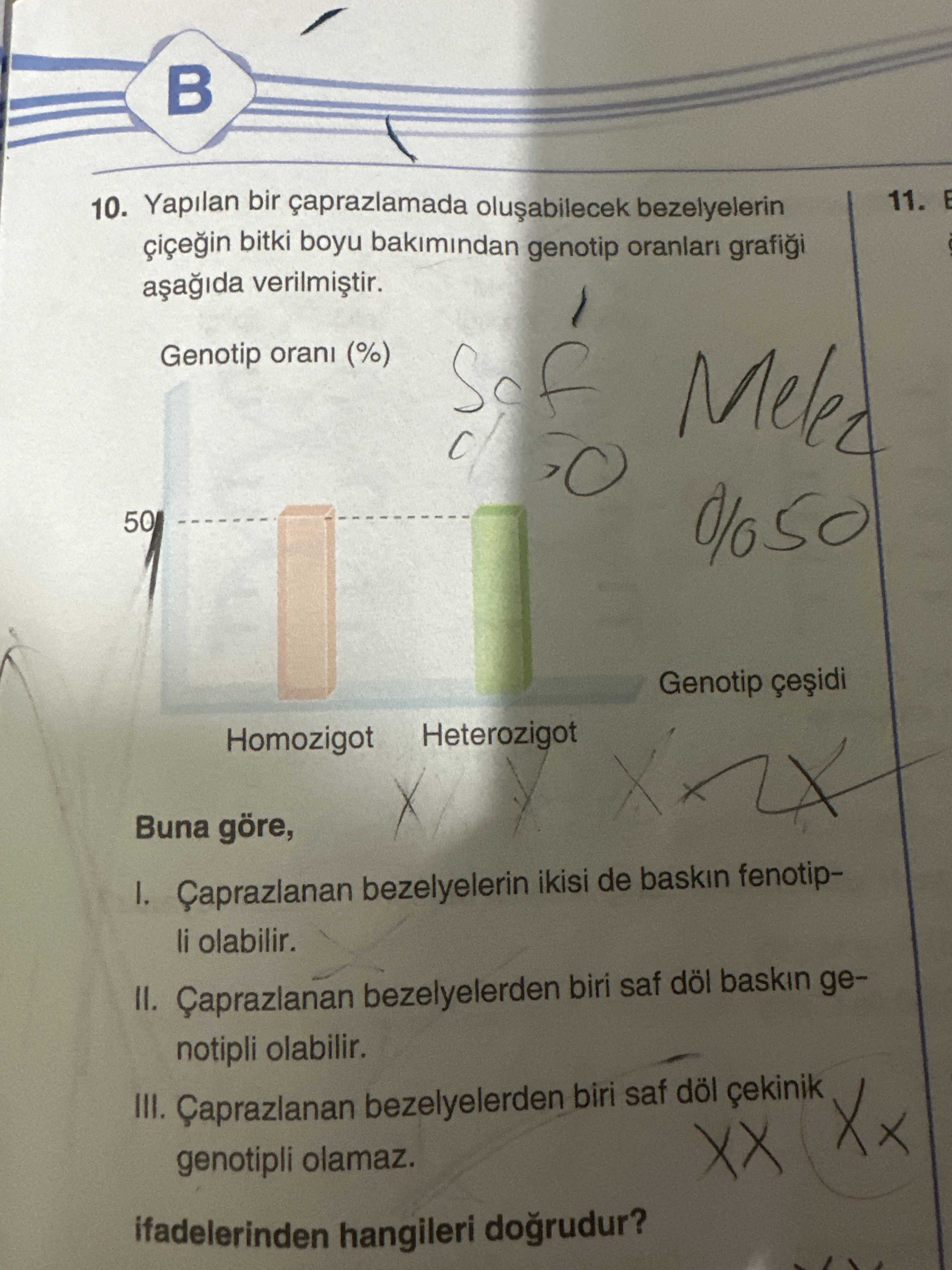 Yapılan bir çaprazlamada oluşabilecek bezelyelerin çiçeğin bitki boyu bakımından genotip oranları