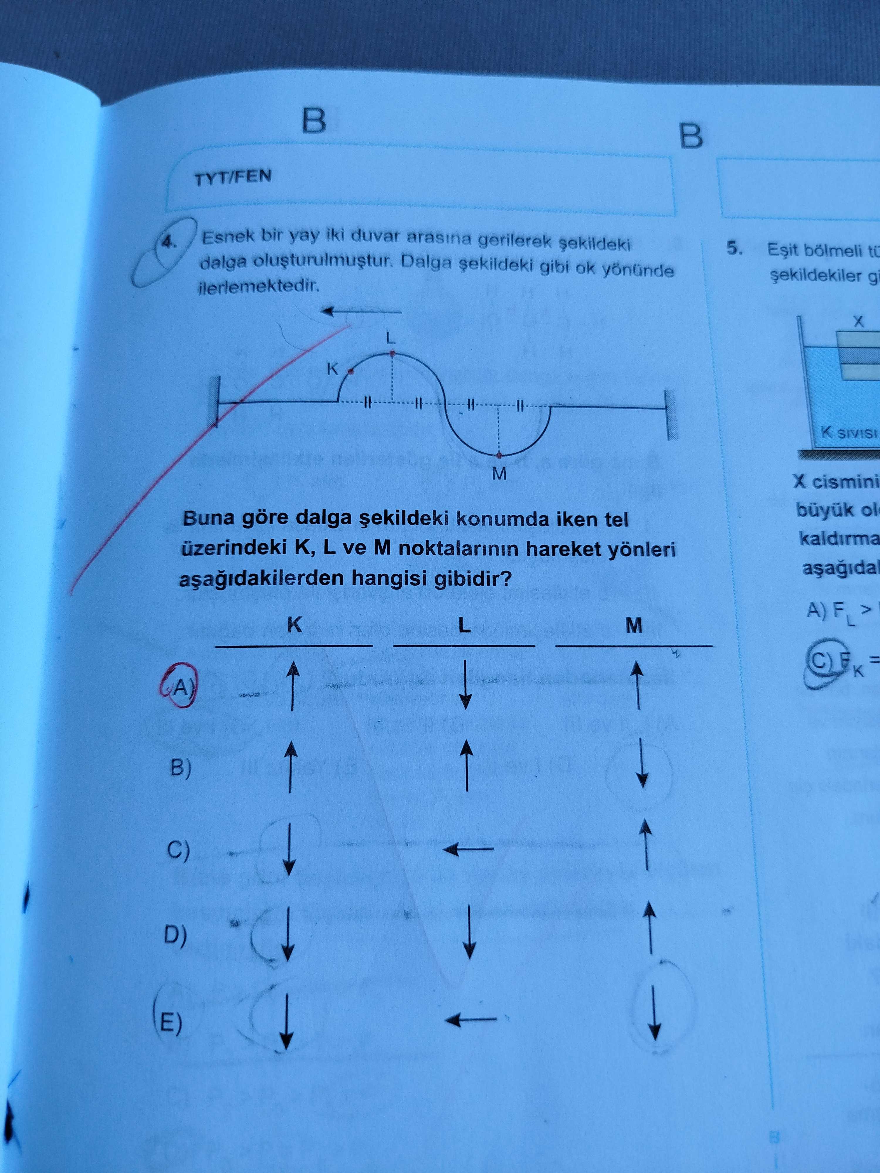 Esnek bir yay iki duvar arasına gerilerek şekildeki dalga oluşturulmuştur. Dalga şekildeki gibi ok