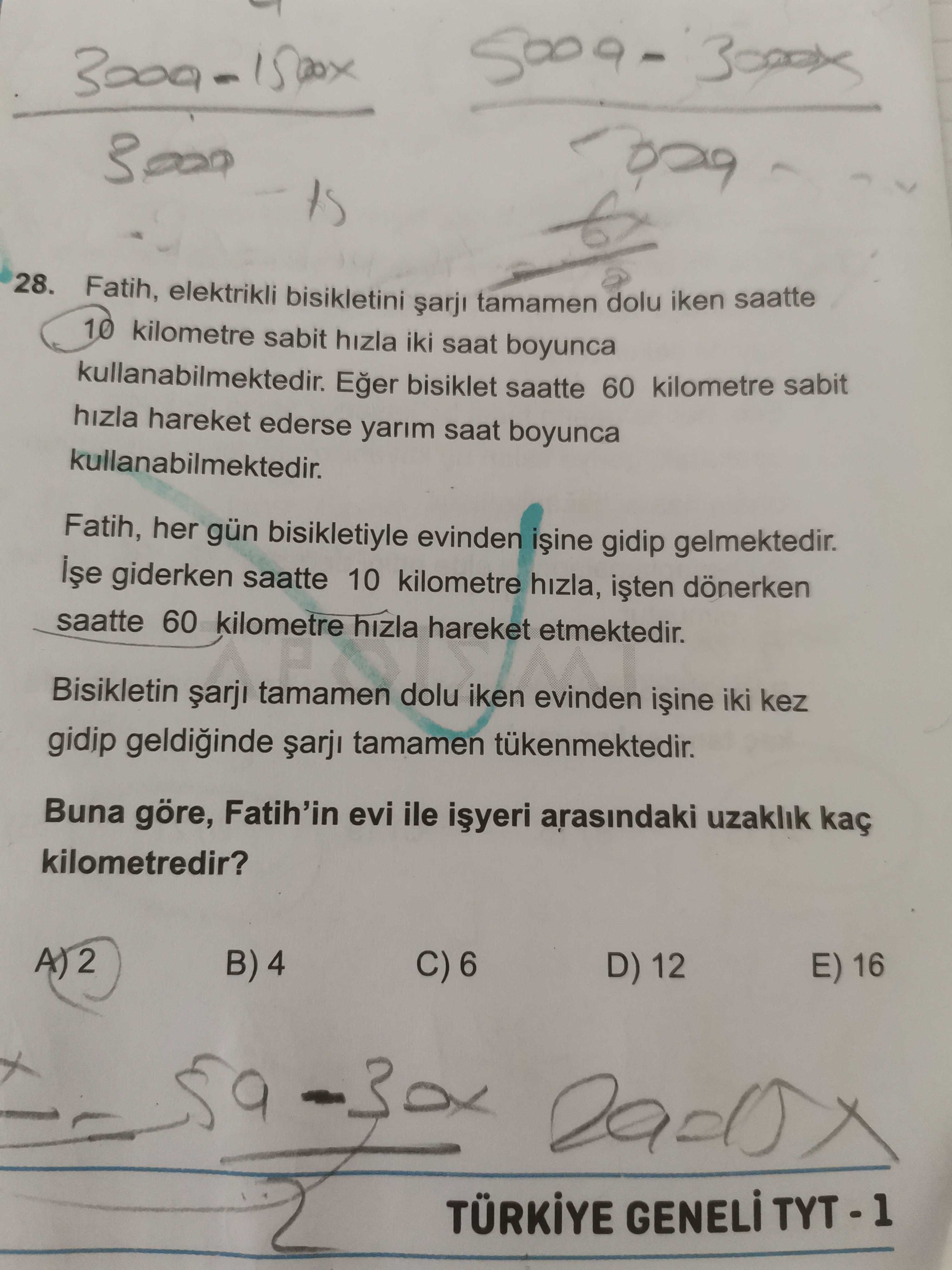 Fatih, elektrikli bisikletini şarjı tamamen dolu iken saatte 10 kilometre sabit hızla iki saat