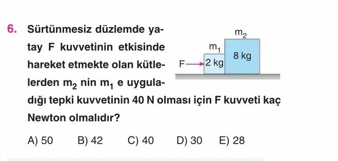 Sürtünmesiz düzlemde yatay F kuvvetinin etkisinde hareket etmekte olan kütlelerden m₂ nin m₁ e