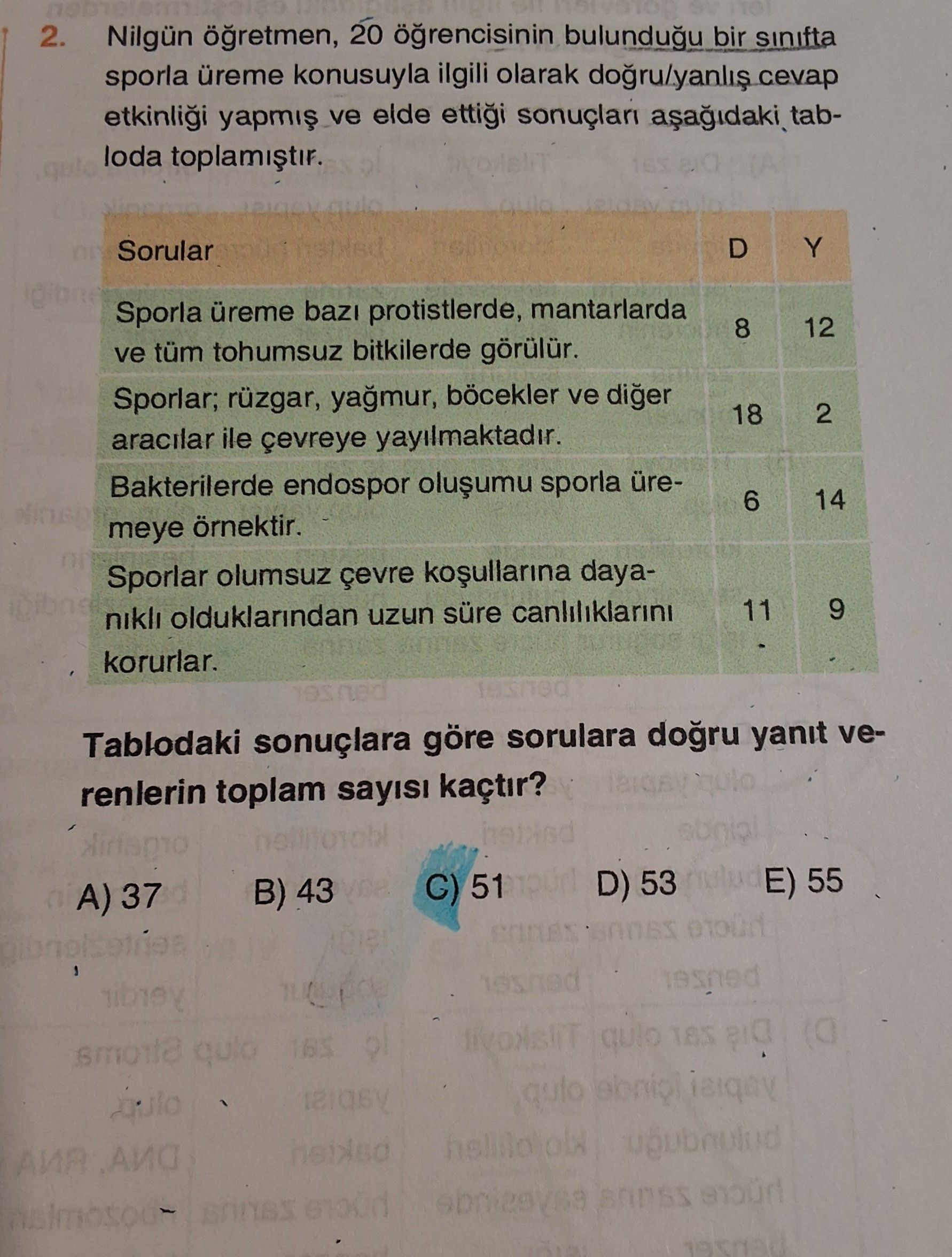 Nilgün öğretmen, 20 öğrencisinin bulunduğu bir sınıfta sporla üreme konusuyla ilgili olarak
