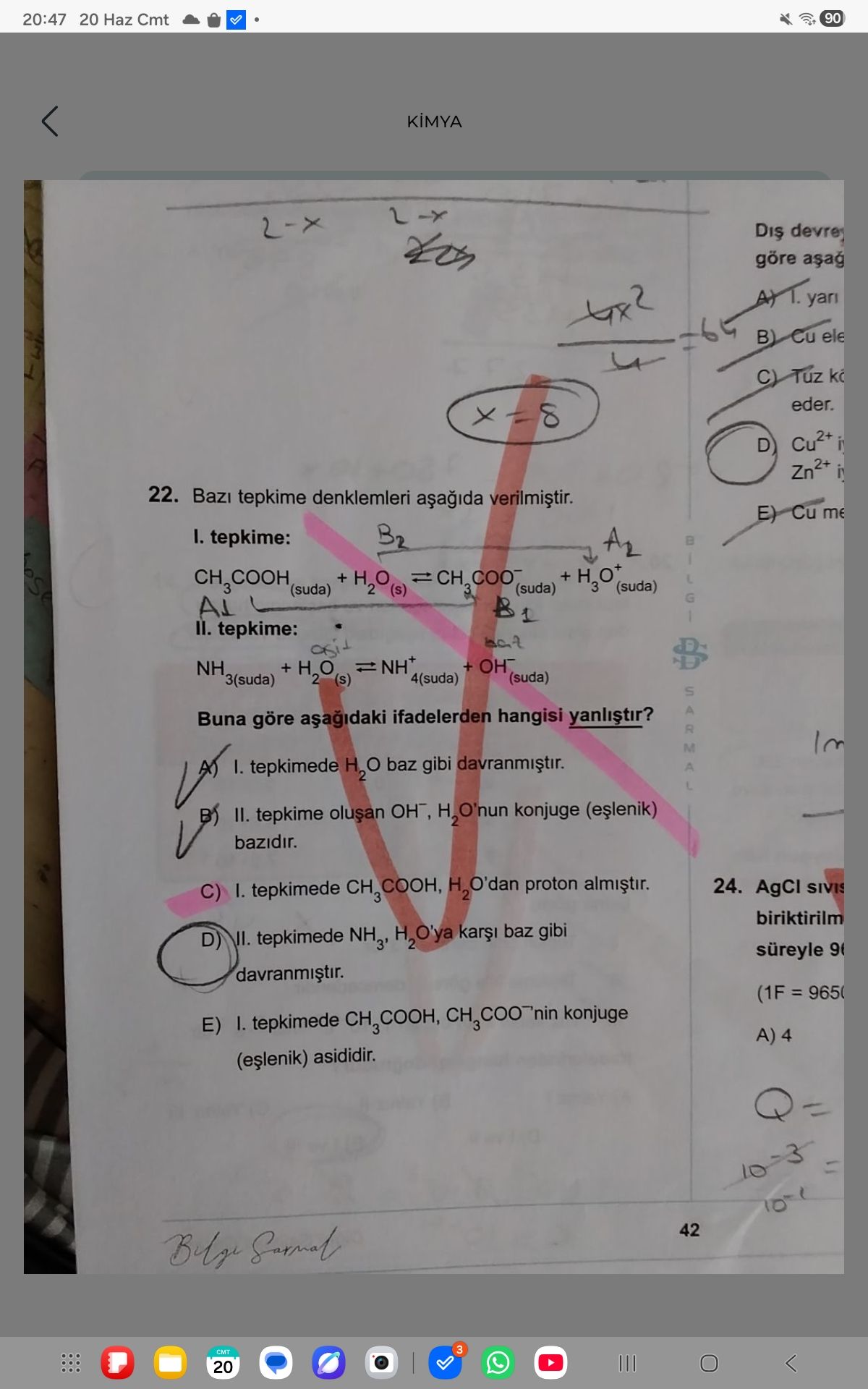 Bazı tepkime denklemleri aşağıda verilmiştir. I. tepkime: CH₃COOH(suda) + H₂O(s) ⇌ CH₃COO⁻(suda) +
