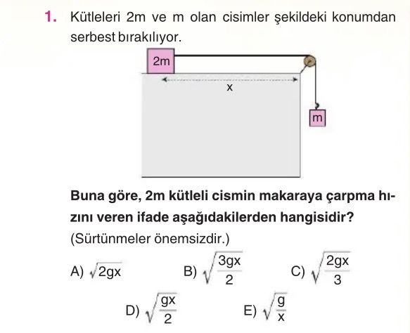 Kütleleri 2m ve m olan cisimler şekildeki konumdan serbest bırakılıyor. Buna göre, 2m kütleli cismin