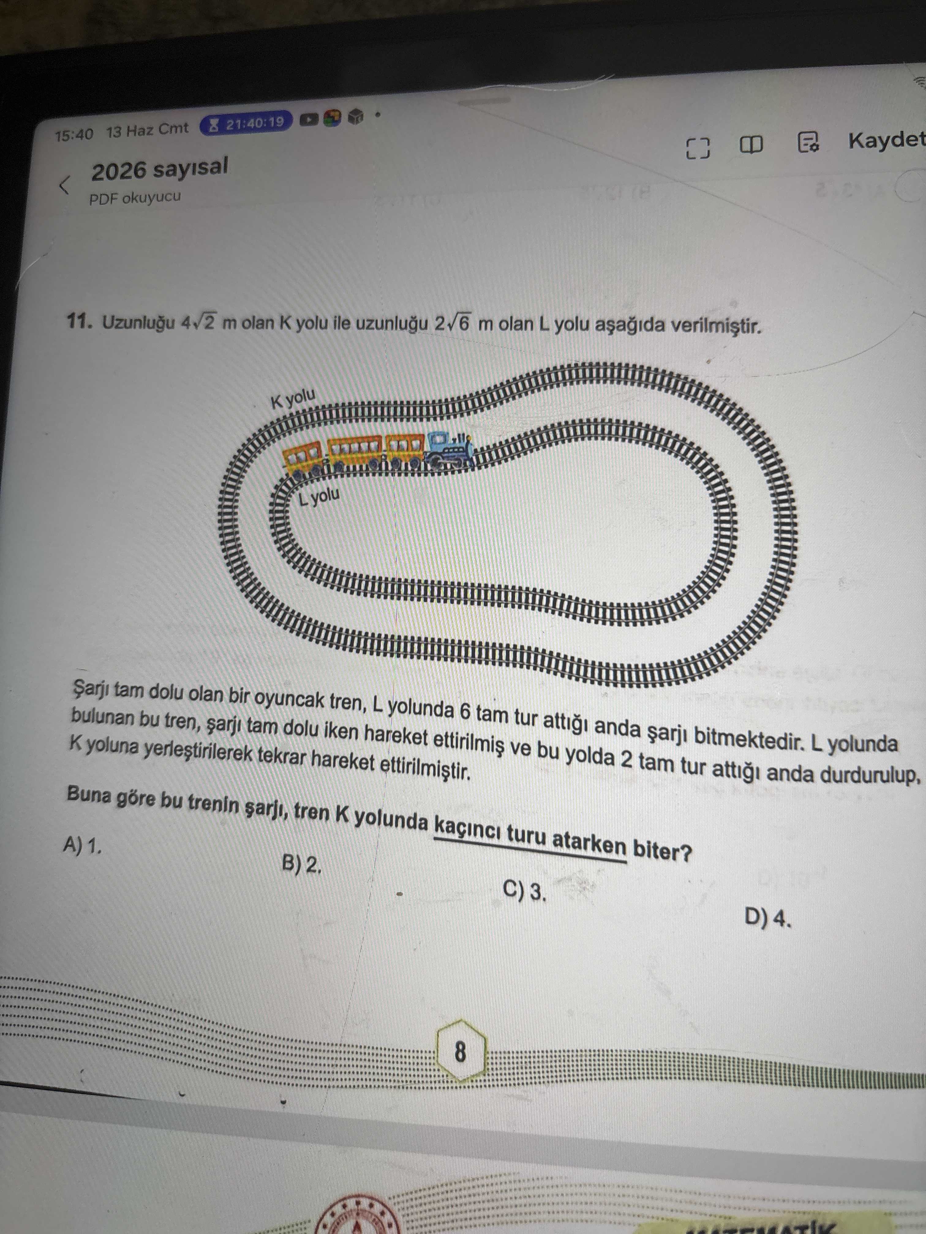 Uzunluğu 4√2 m olan K yolu ile uzunluğu 2√6 m olan L yolu aşağıda verilmiştir. Şarjı tam dolu olan