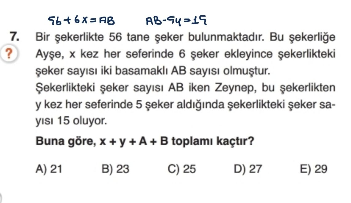 Bir şekerlikte 56 tane şeker bulunmaktadır. Bu şekerliğe Ayşe, x kez her seferinde 6 şeker ekleyince