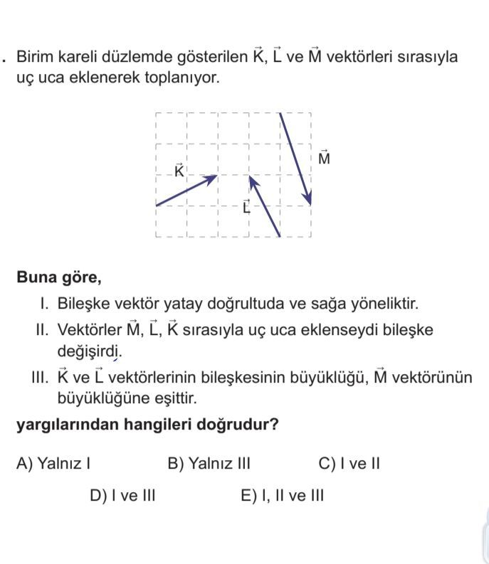 Birim kareli düzlemde gösterilen K⃗, L⃗ ve M⃗ vektörleri sırasıyla uç uca eklenerek toplanıyor. Buna