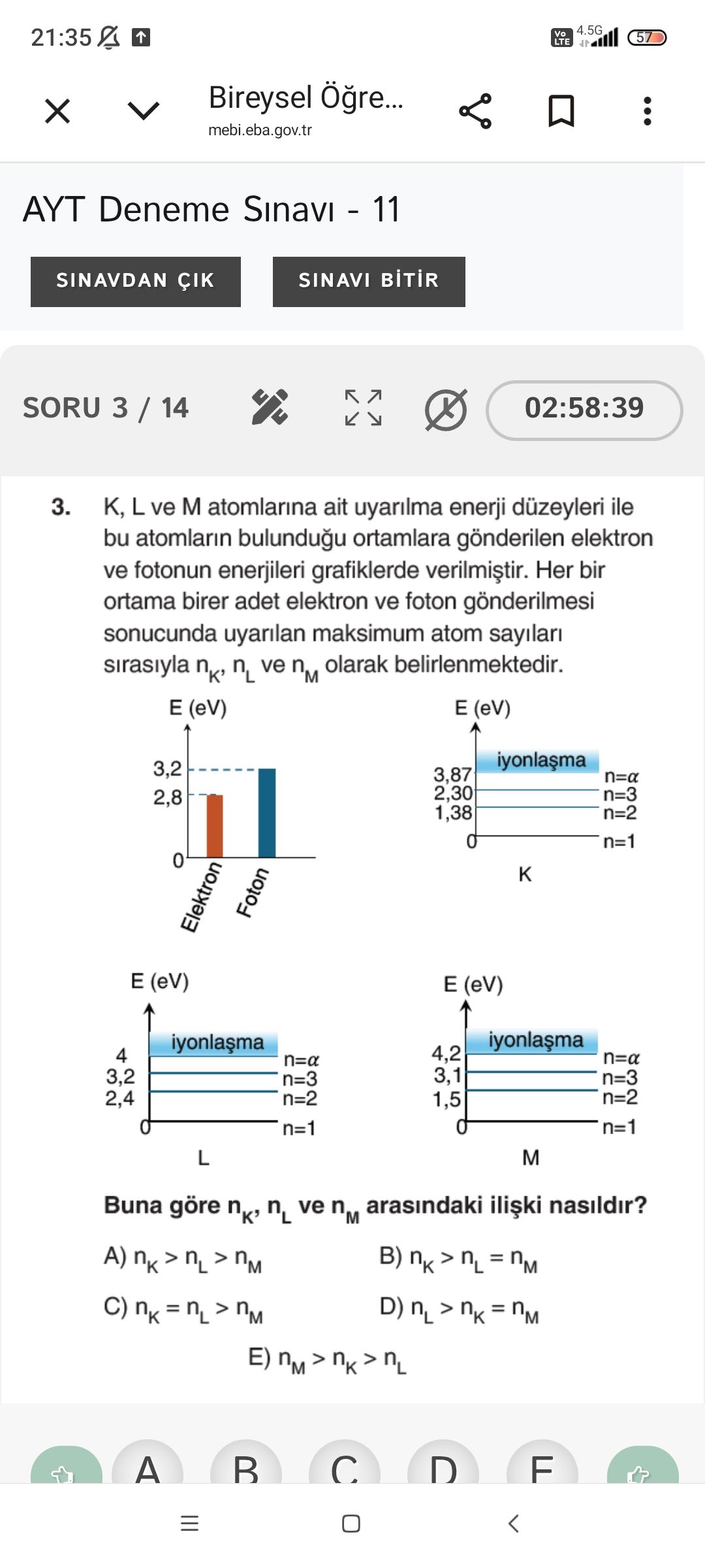 K, L ve M atomlarına ait uyarılma enerji düzeyleri ile bu atomların bulunduğu ortamlara gönderilen