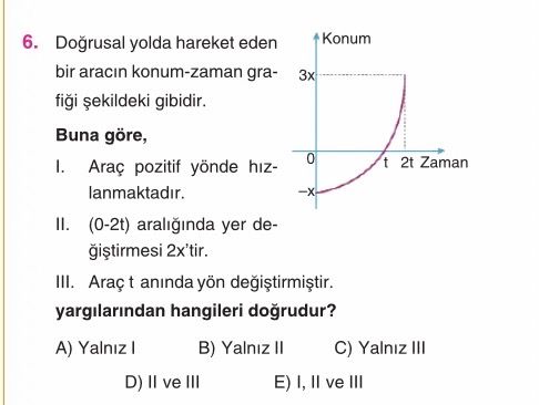 Doğrusal yolda hareket eden bir aracın konum-zaman grafiği şekildeki gibidir. **Buna göre,** I. Araç
