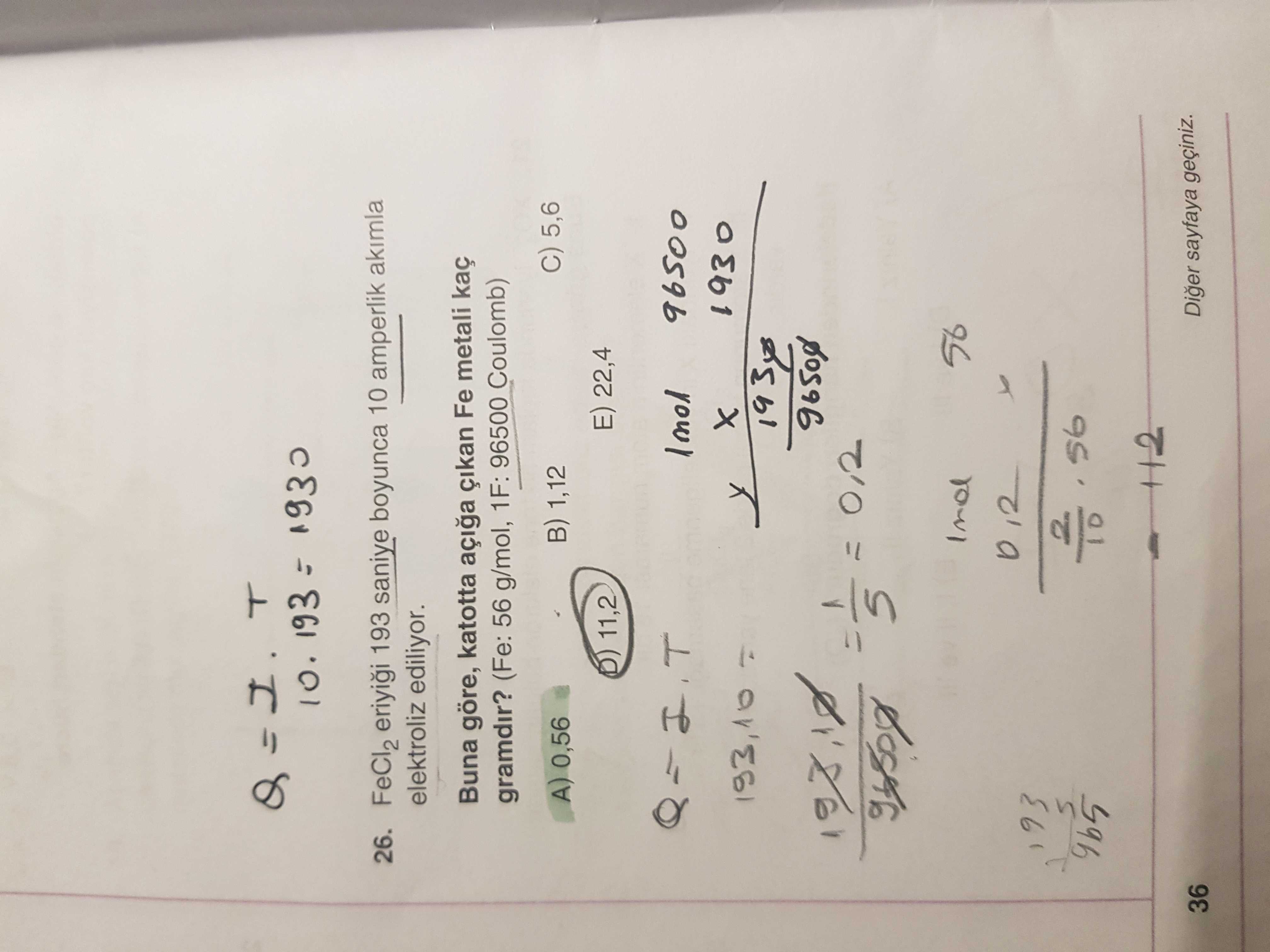 FeCl₂ eriyiği 193 saniye boyunca 10 amperlik akımla elektroliz ediliyor. Buna göre, katotta açığa