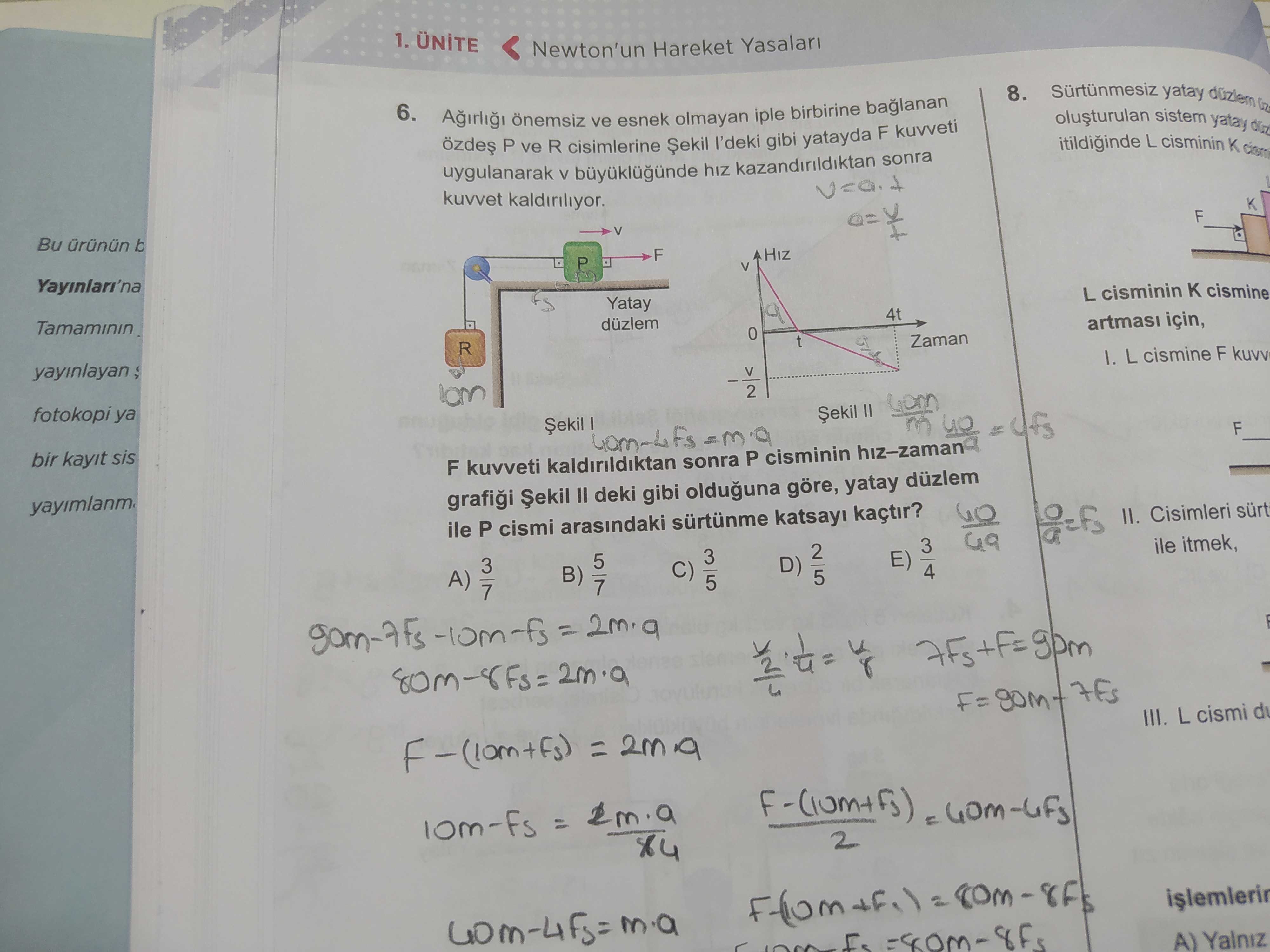 Ağırlığı önemsiz ve esnek olmayan iple birbirine bağlanan özdeş P ve R cisimlerine Şekil I'deki gibi