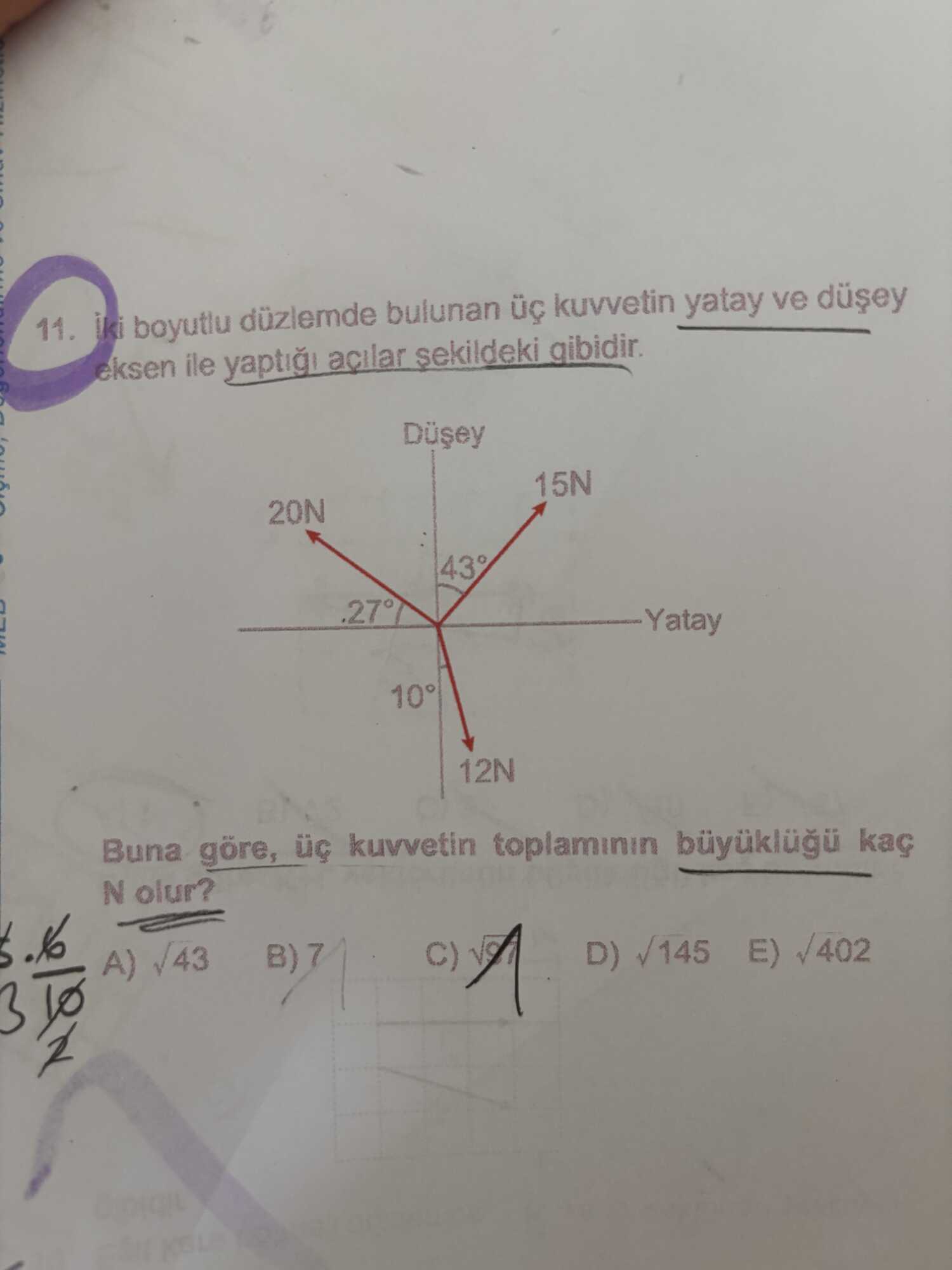 İki boyutlu düzlemde bulunan üç kuvvetin yatay ve düşey eksen ile yaptığı açılar şekildeki gibidir