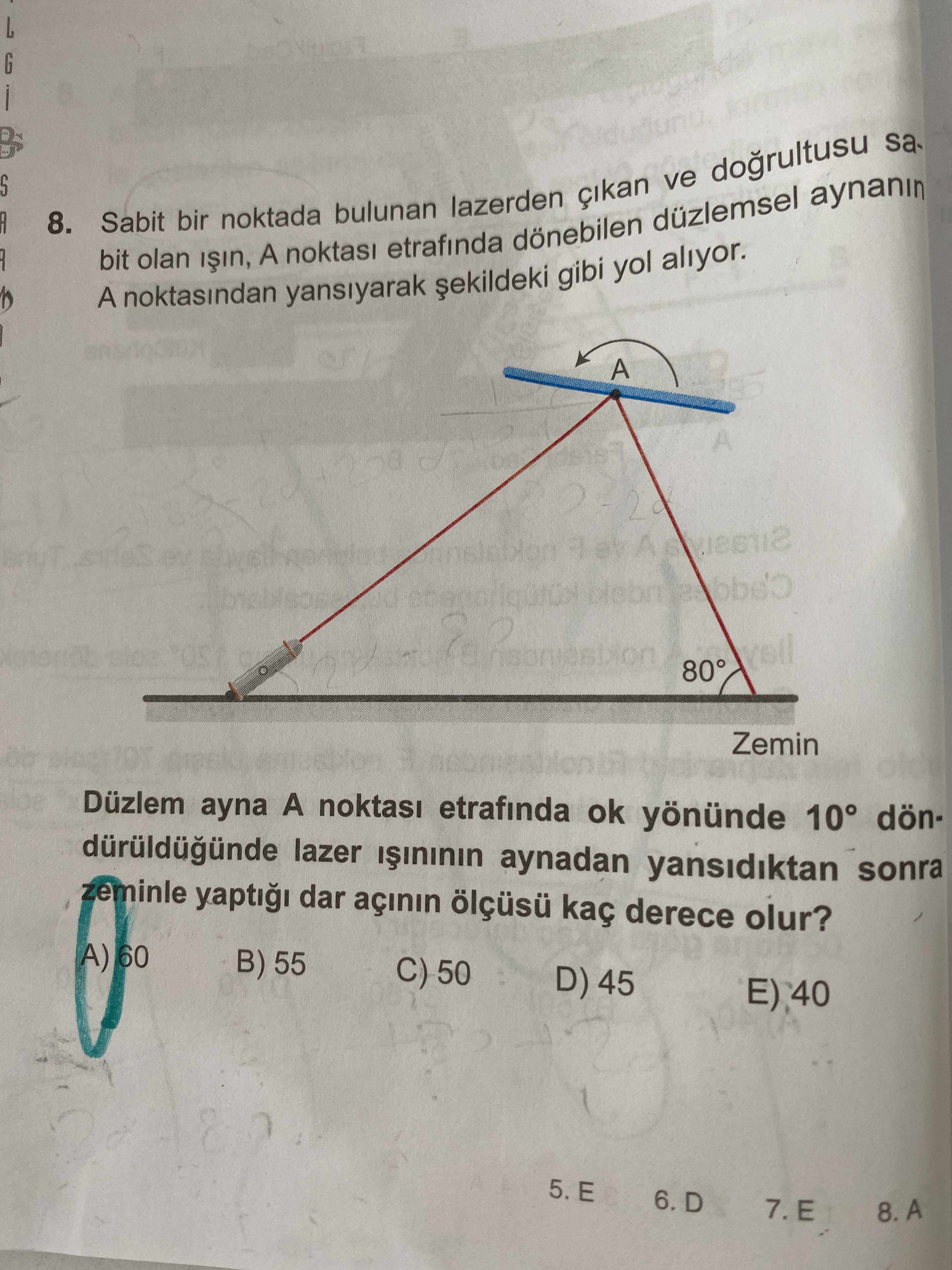 Sabit bir noktada bulunan lazerden çıkan ve doğrultusu sabit olan ışın, A noktası etrafında
