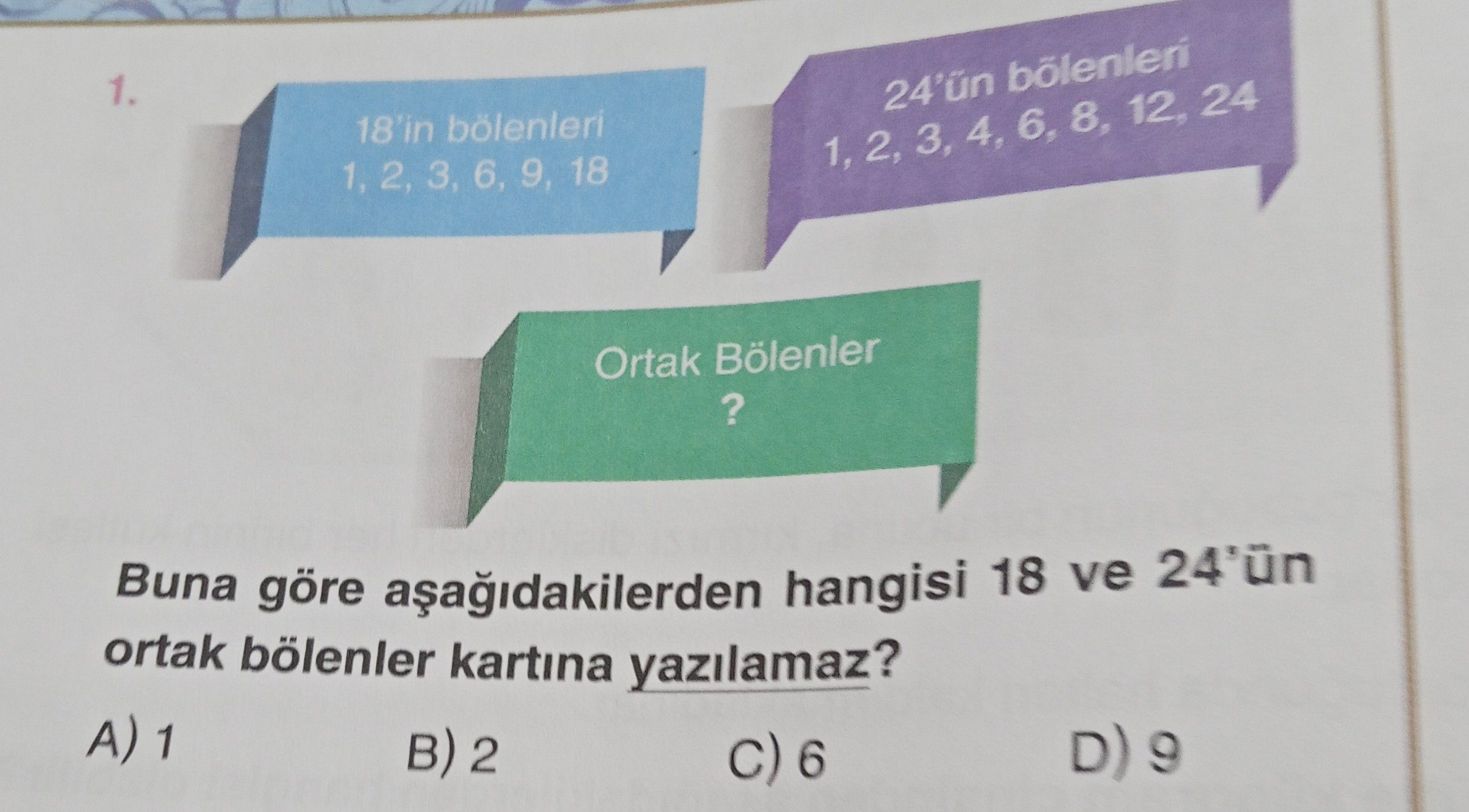 Buna göre aşağıdakilerden hangisi 18 ve 24'ün ortak bölenler kartına yazılamaz?